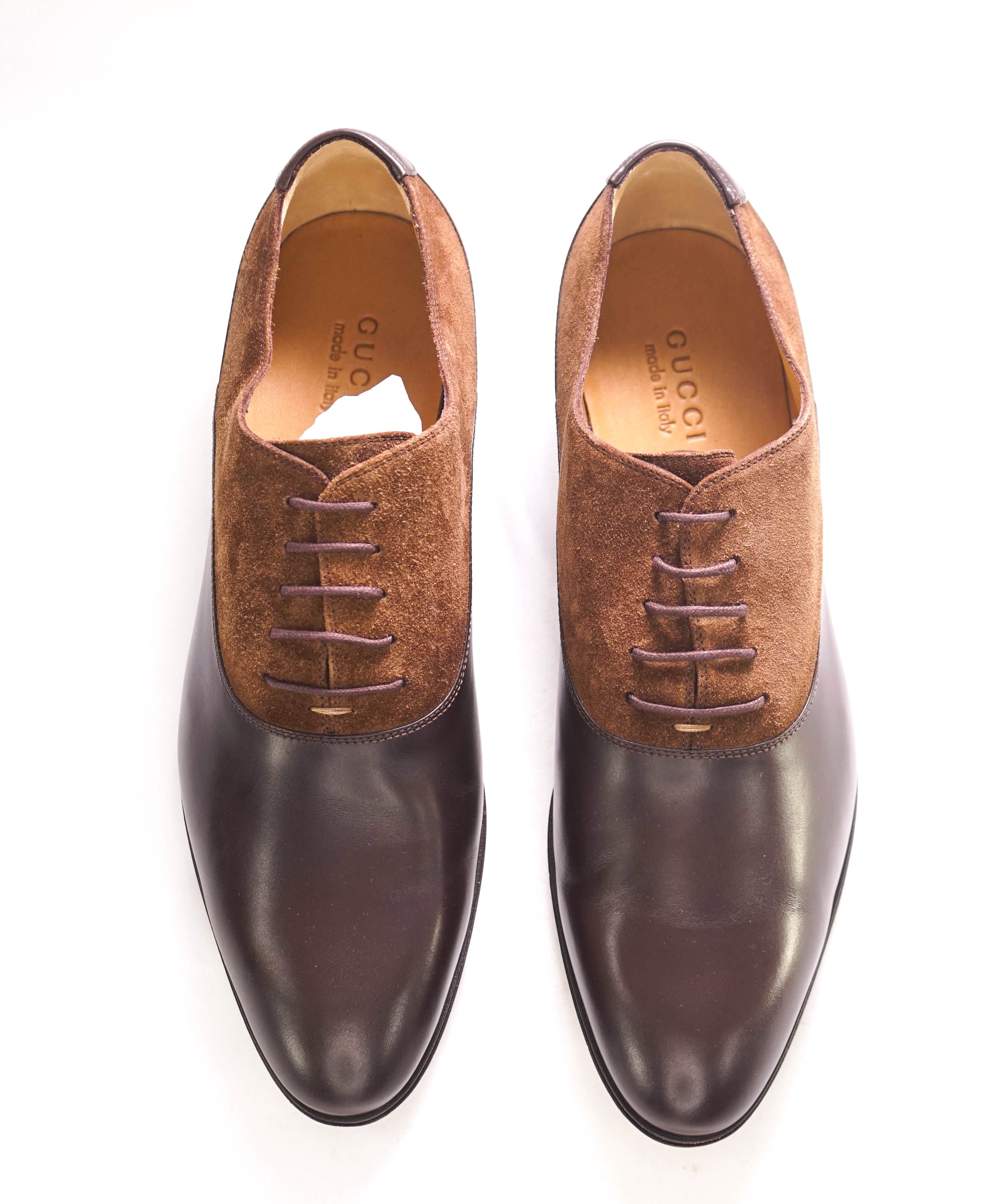 $920 GUCCI - "ADEL" Brown Mixed Leather Suede Logo Heel Oxford - 12US (11.5G)