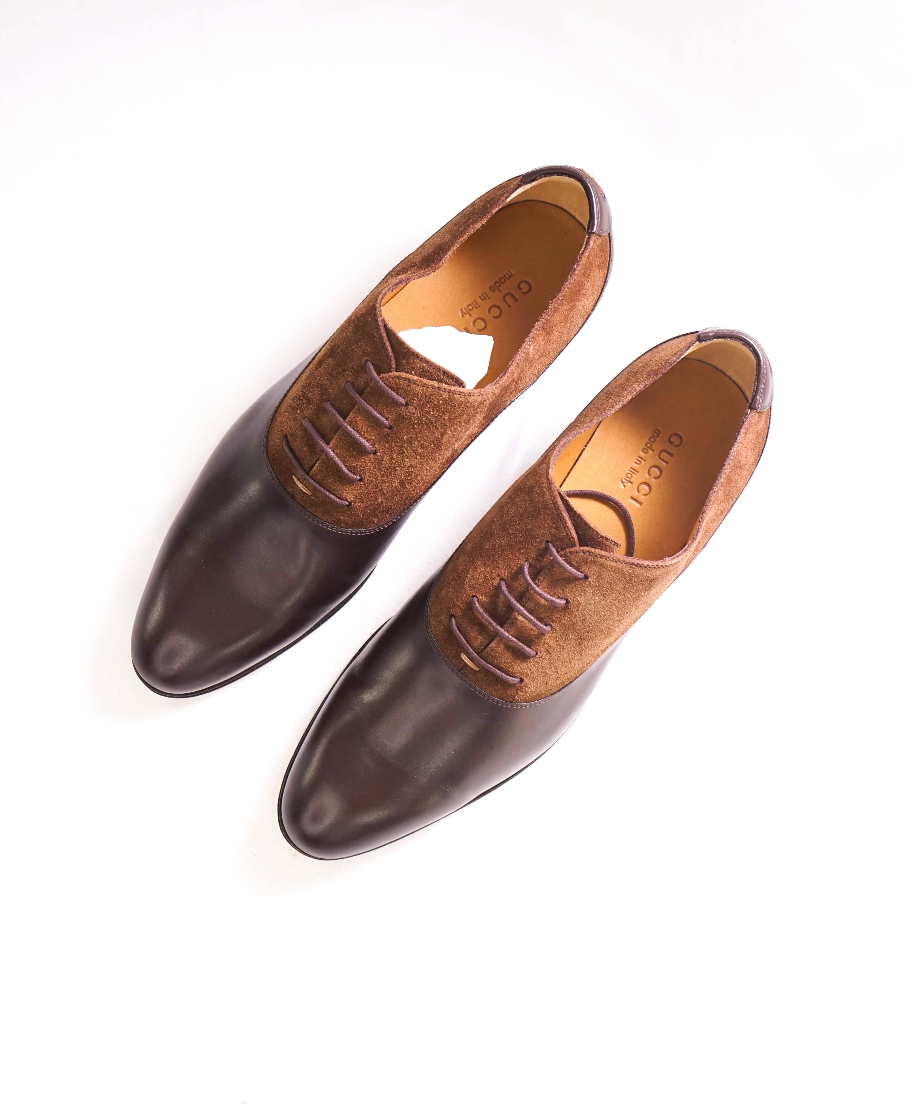 $920 GUCCI - "ADEL" Brown Mixed Leather Suede Logo Heel Oxford - 12US (11.5G)