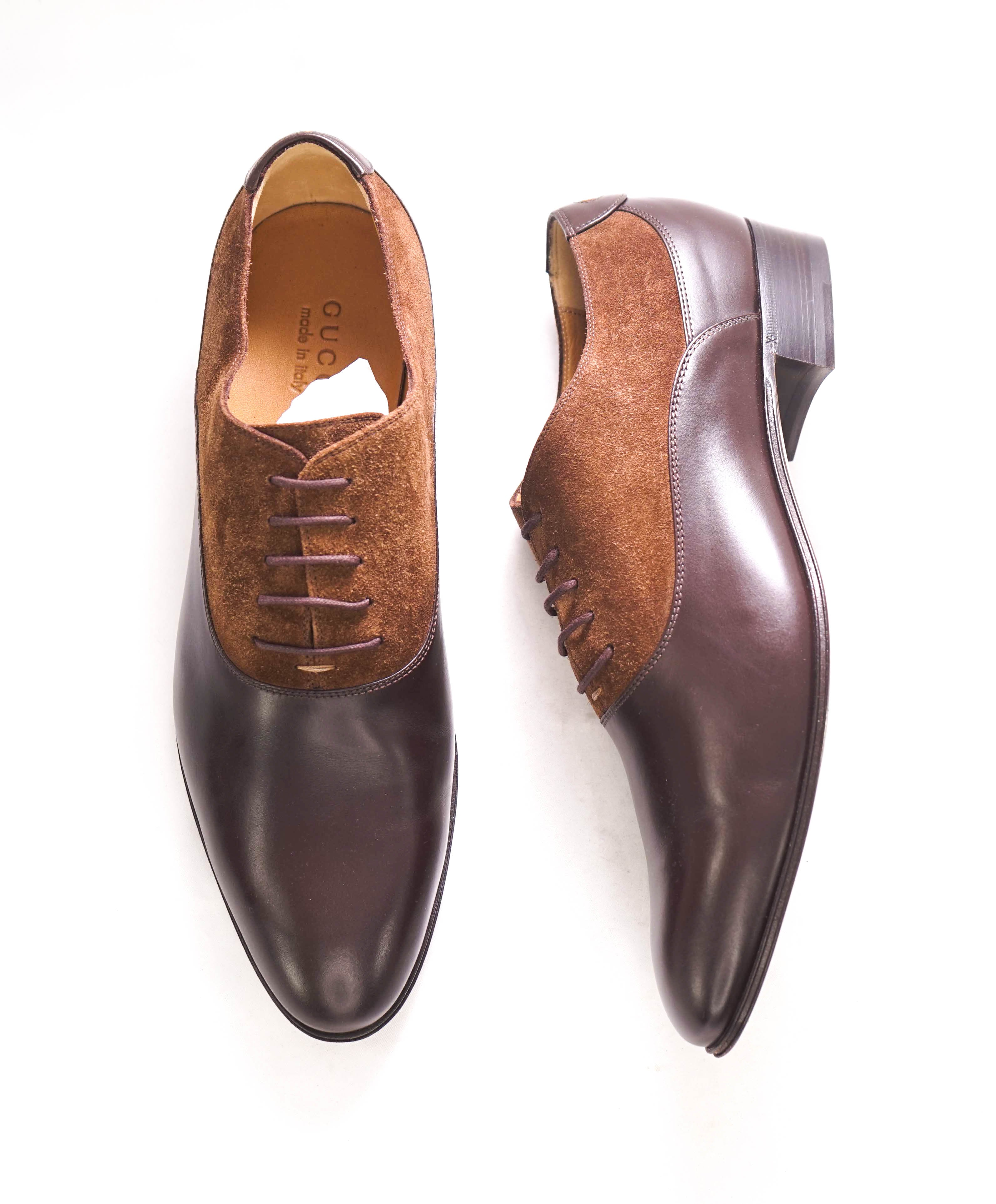 $920 GUCCI - "ADEL" Brown Mixed Leather Suede Logo Heel Oxford - 12US (11.5G)