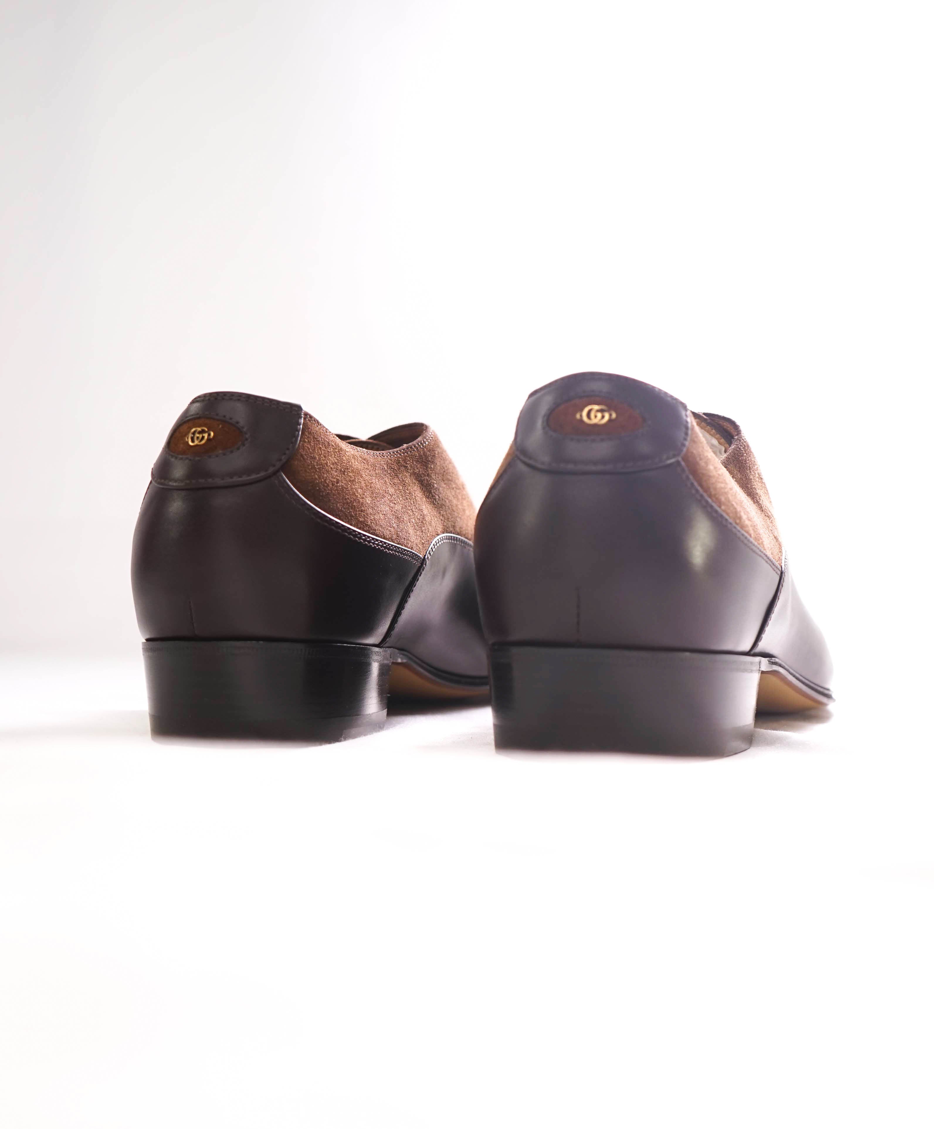 $920 GUCCI - "ADEL" Brown Mixed Leather Suede Logo Heel Oxford - 12US (11.5G)