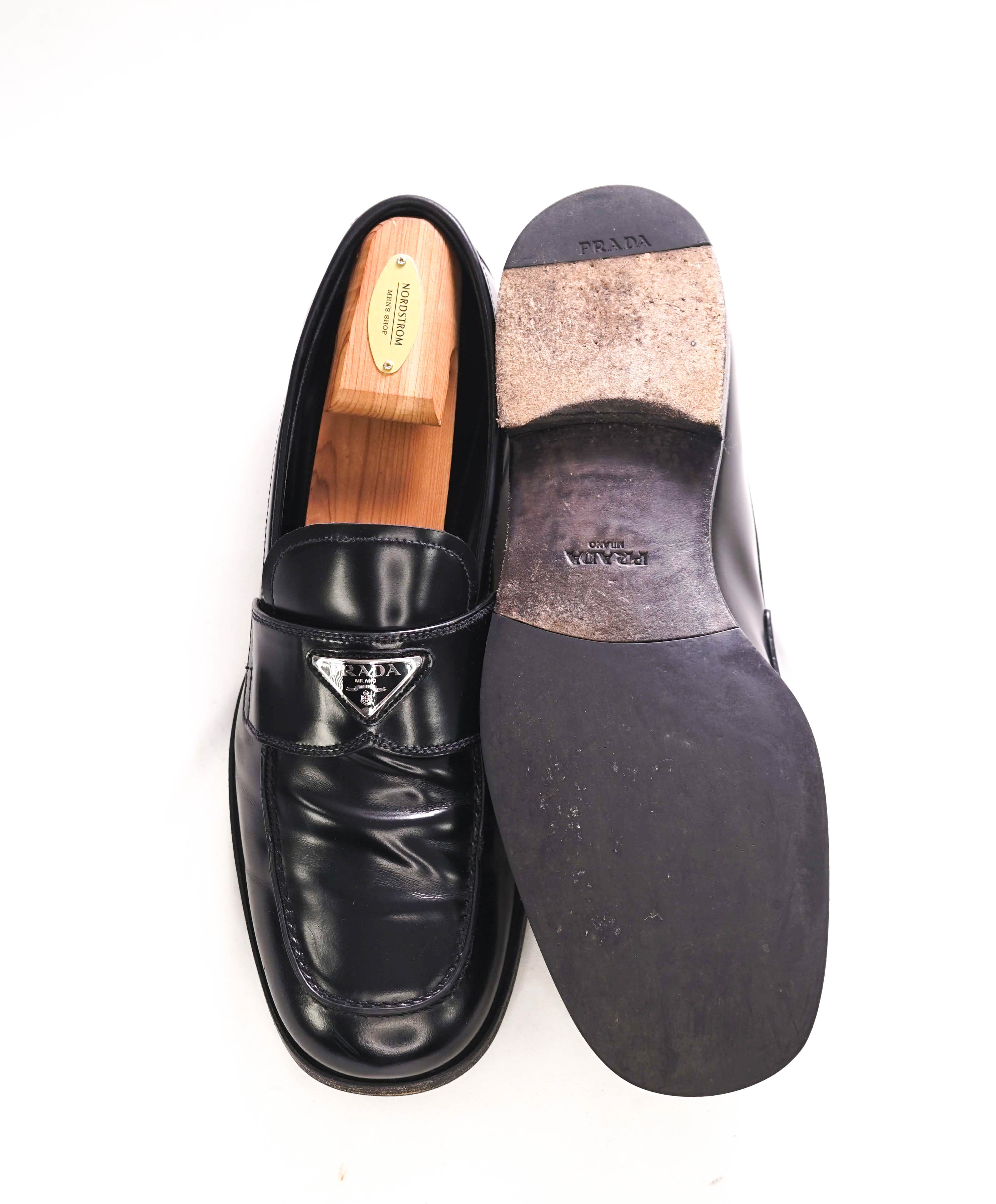 $1,150 PRADA - Black Leather LOGO Plaque Square Toe Loafers W Trees - 11 US (10 Prada)