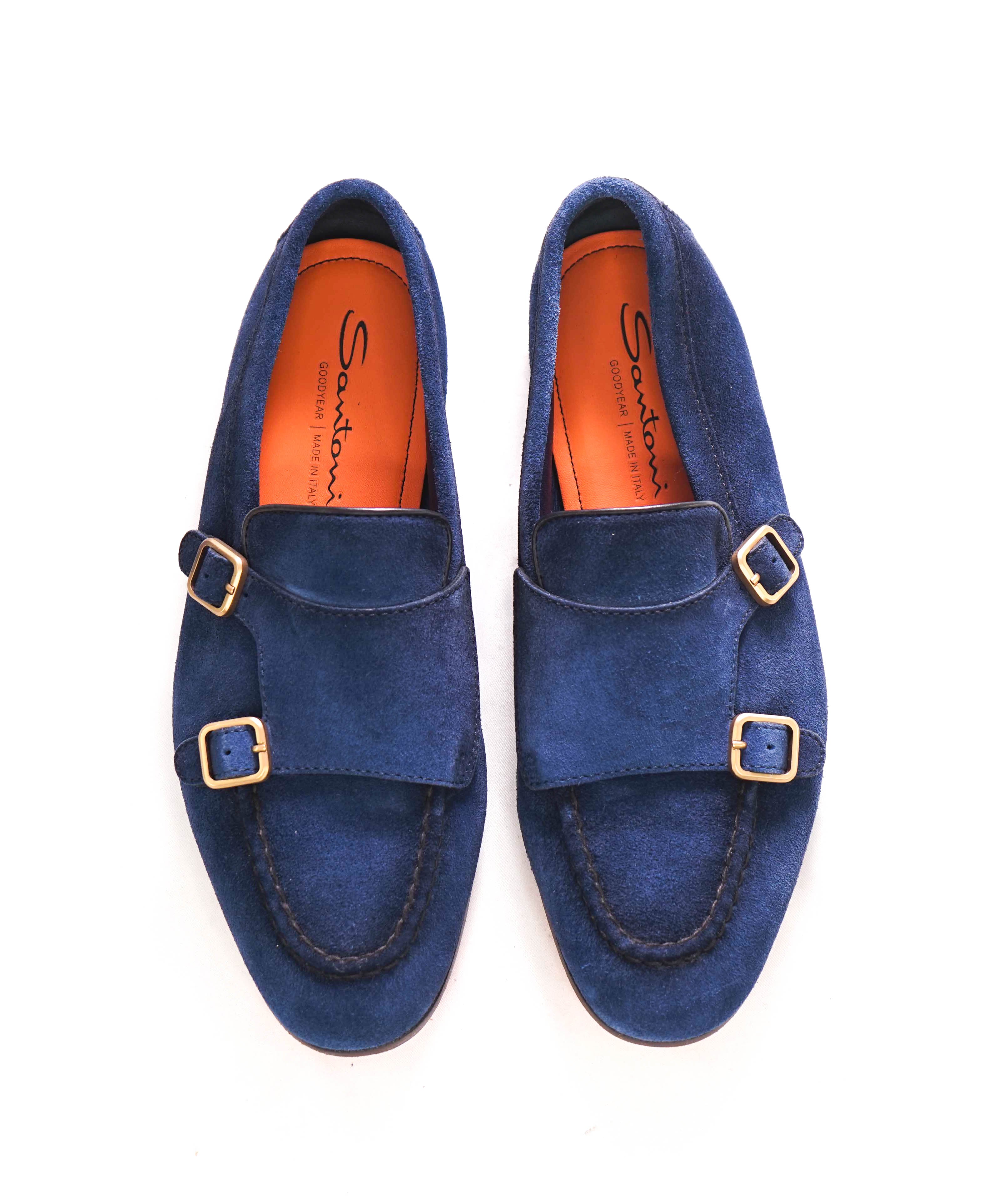 SANTONI - Blue Suede / Gold Monk Strap Venetian Loafers - 8 US (7 IT)