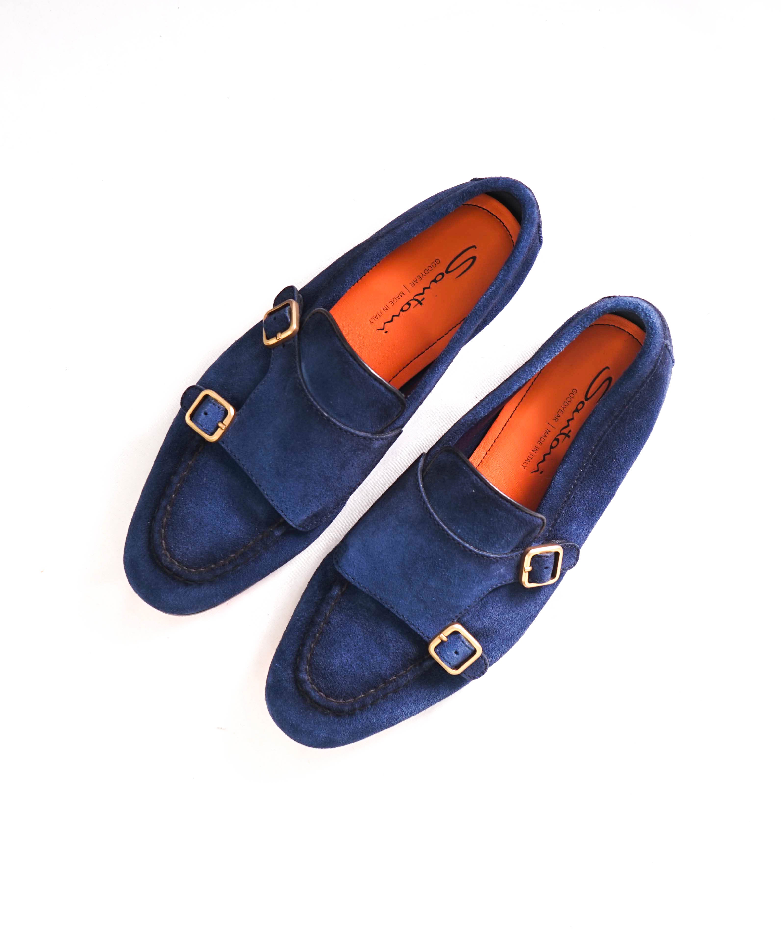 SANTONI - Blue Suede / Gold Monk Strap Venetian Loafers - 8 US (7 IT)