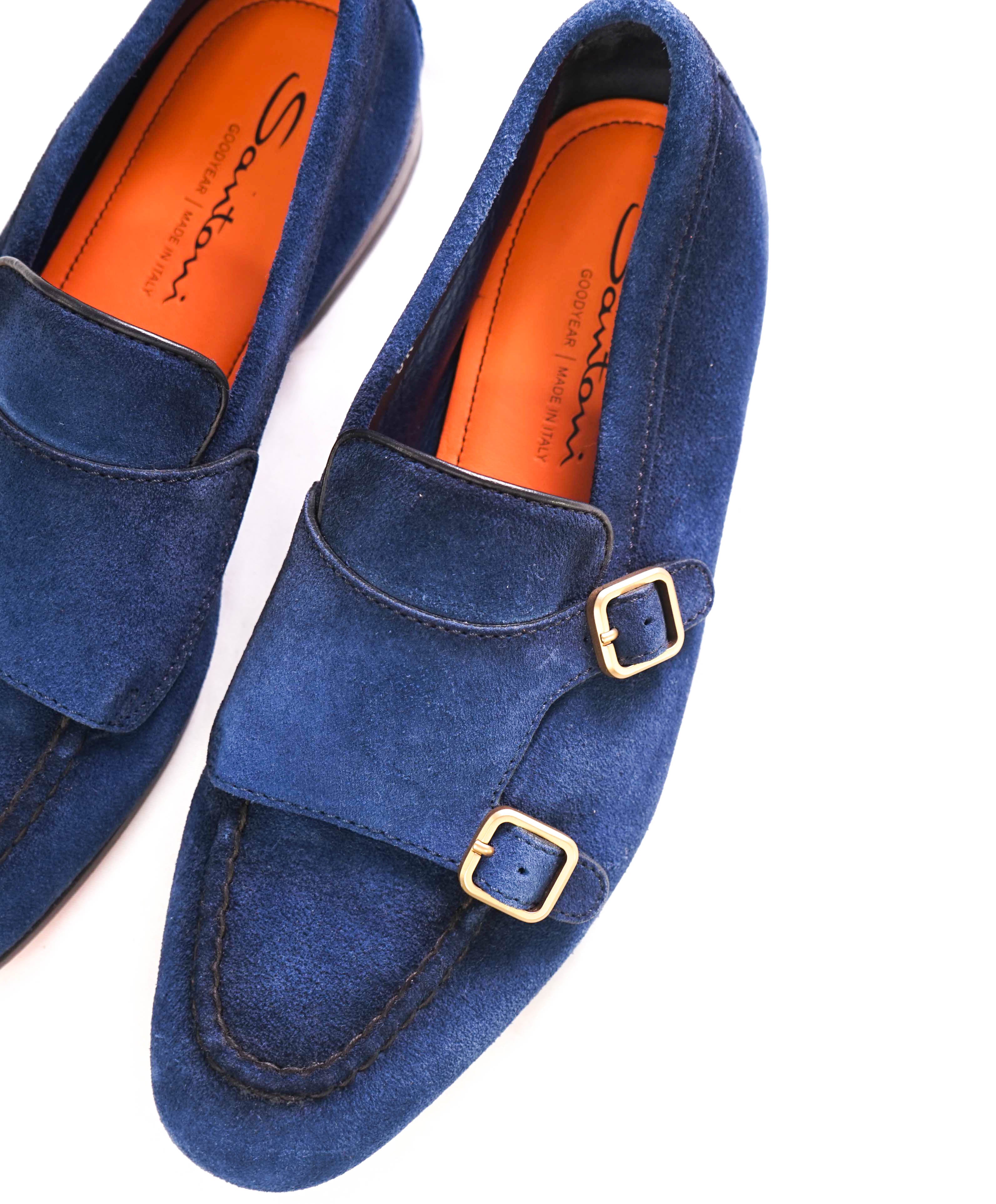 SANTONI - Blue Suede / Gold Monk Strap Venetian Loafers - 8 US (7 IT)