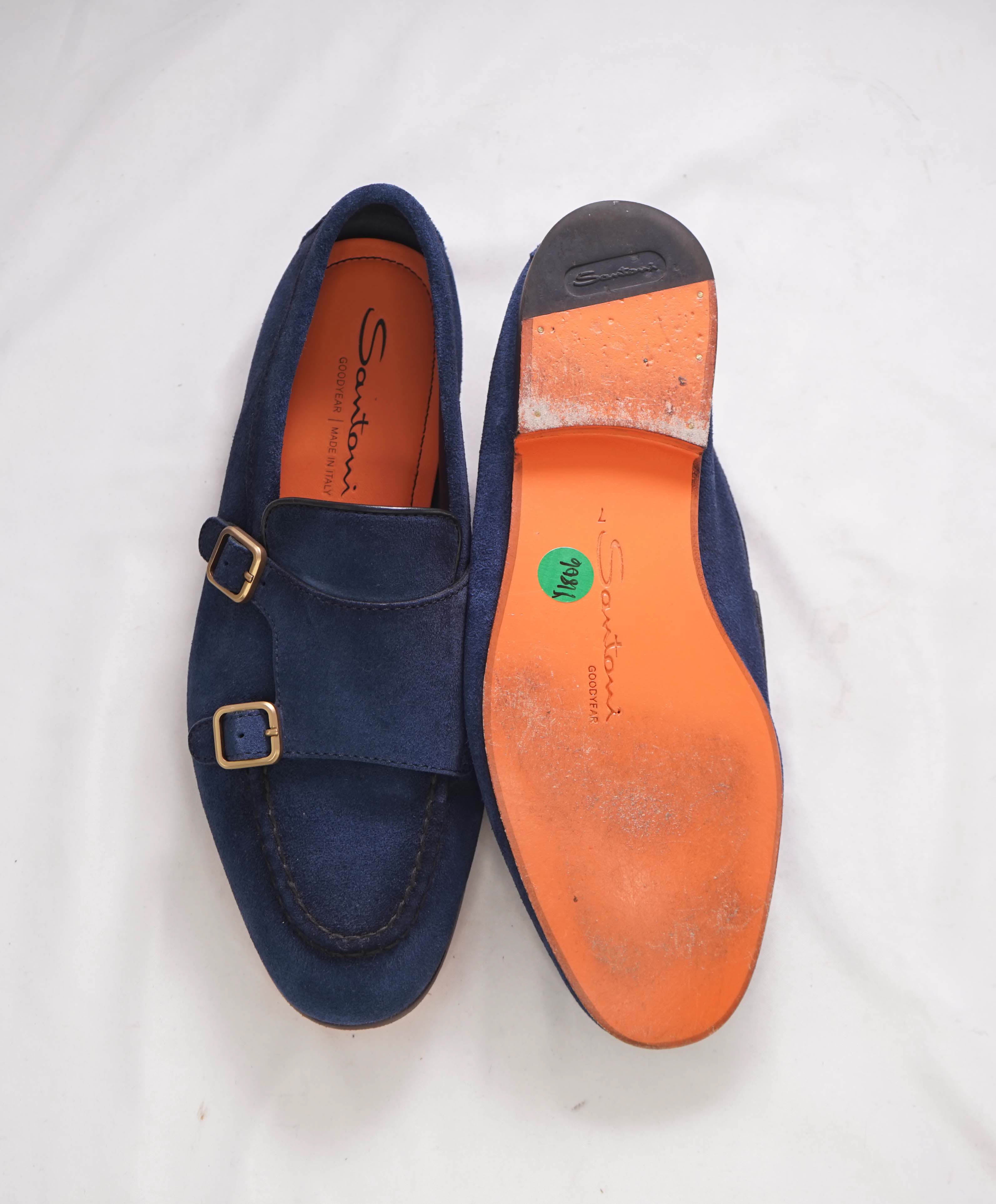 SANTONI - Blue Suede / Gold Monk Strap Venetian Loafers - 8 US (7 IT)