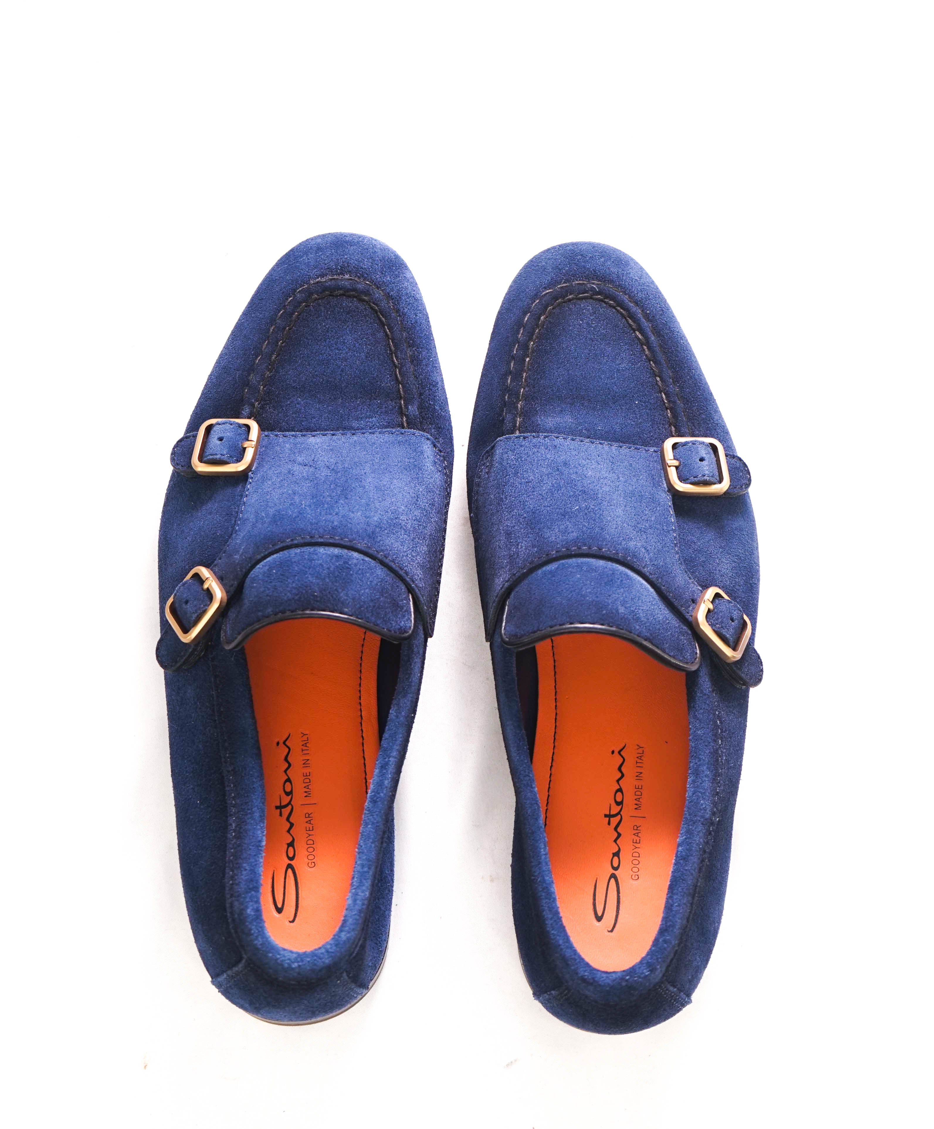 SANTONI - Blue Suede / Gold Monk Strap Venetian Loafers - 8 US (7 IT)
