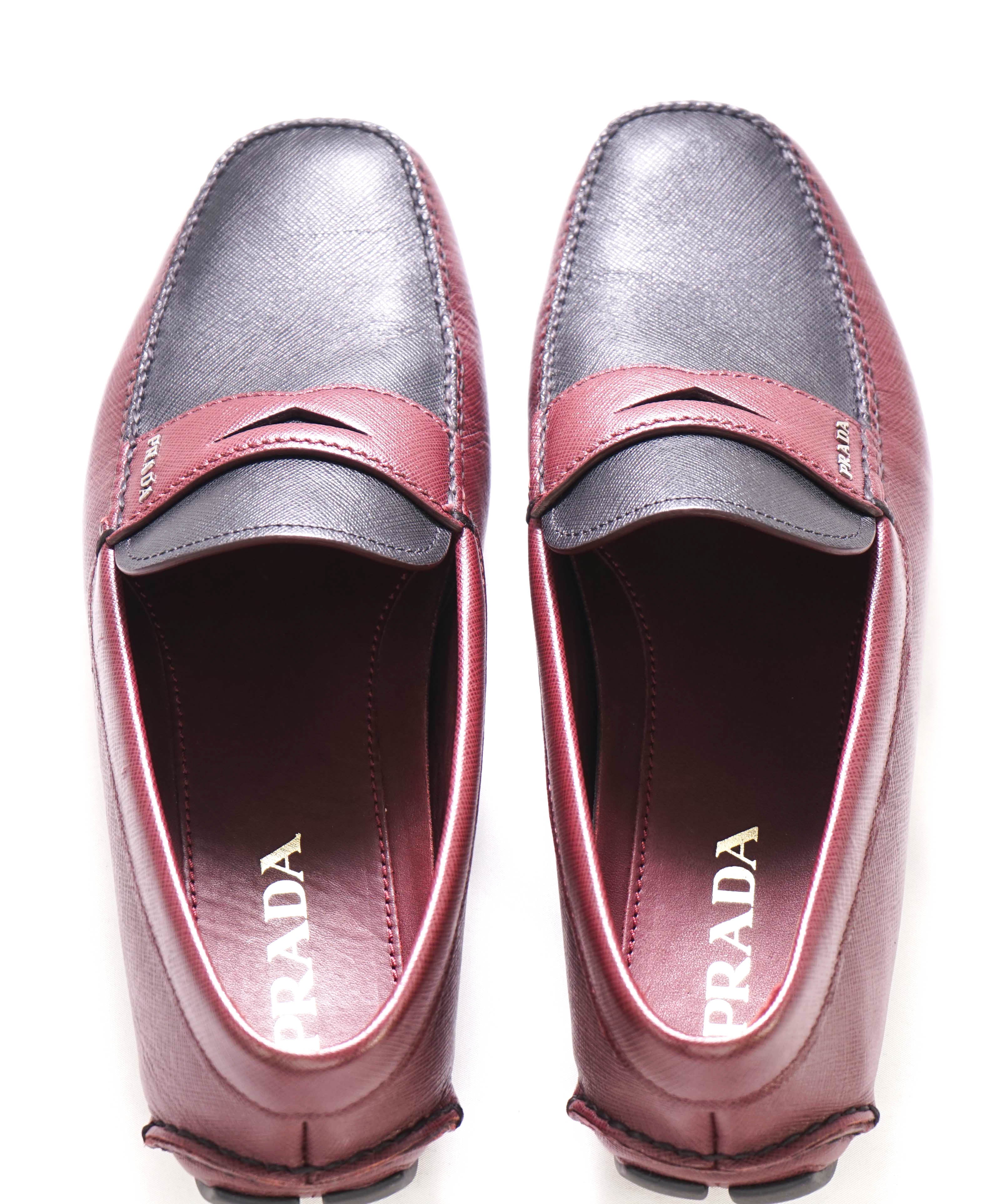 $850 PRADA - Burgundy Black Saffiano LOGO Leather Penny Loafers - 9US (8)
