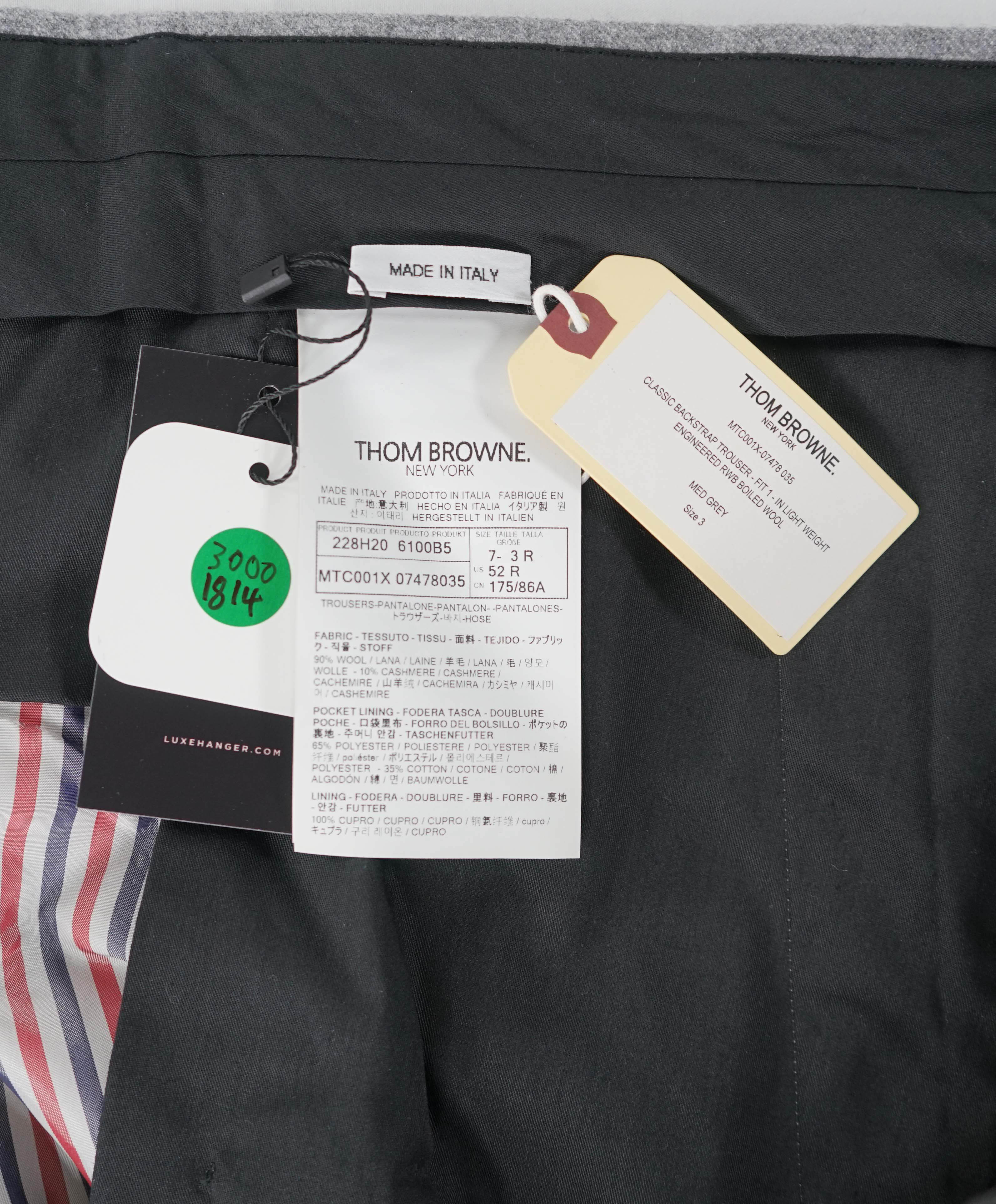 $3,200 THOM BROWNE - Gray CASHMERE Flannel Dress Pants Side Tab Pants- (SZ 3) 35W