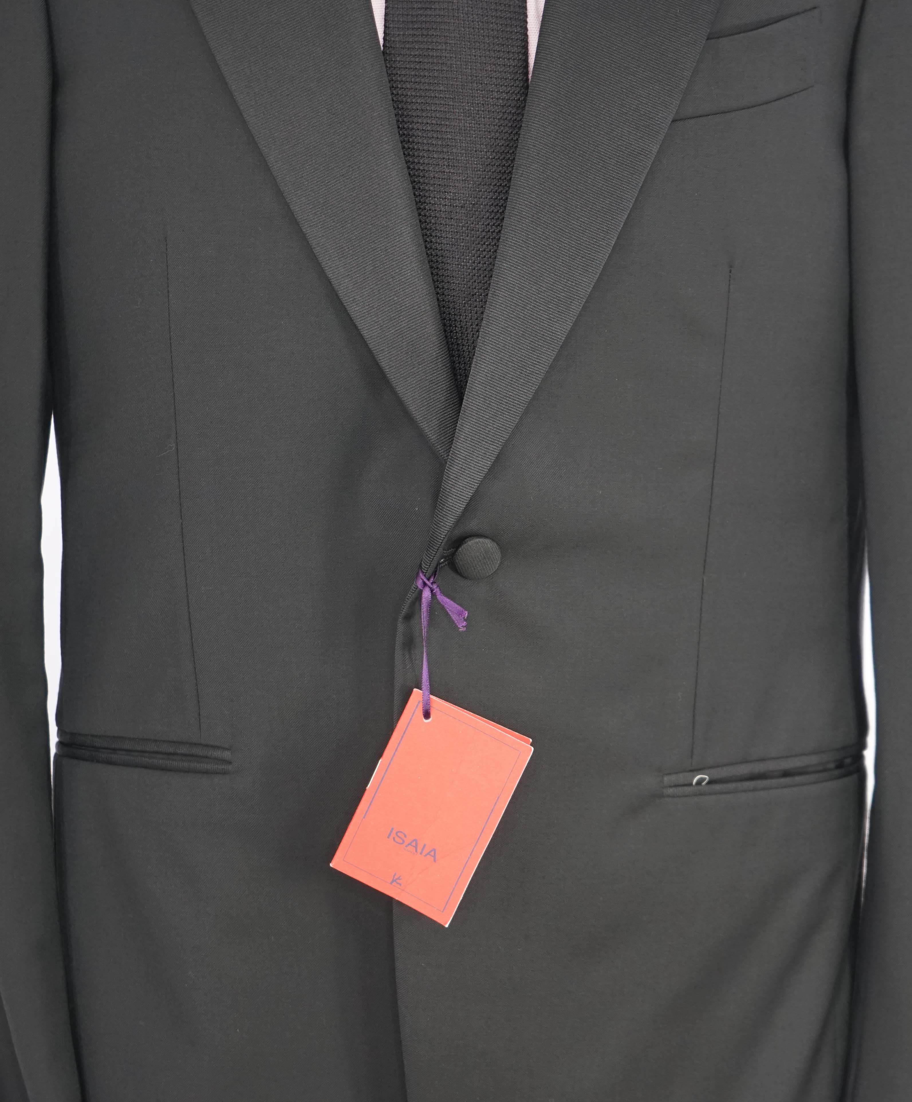 $4,595 ISAIA - "AQUASPIDER" Satin PEAK LAPEL Black Wool Tuxedo - 40L (36W)