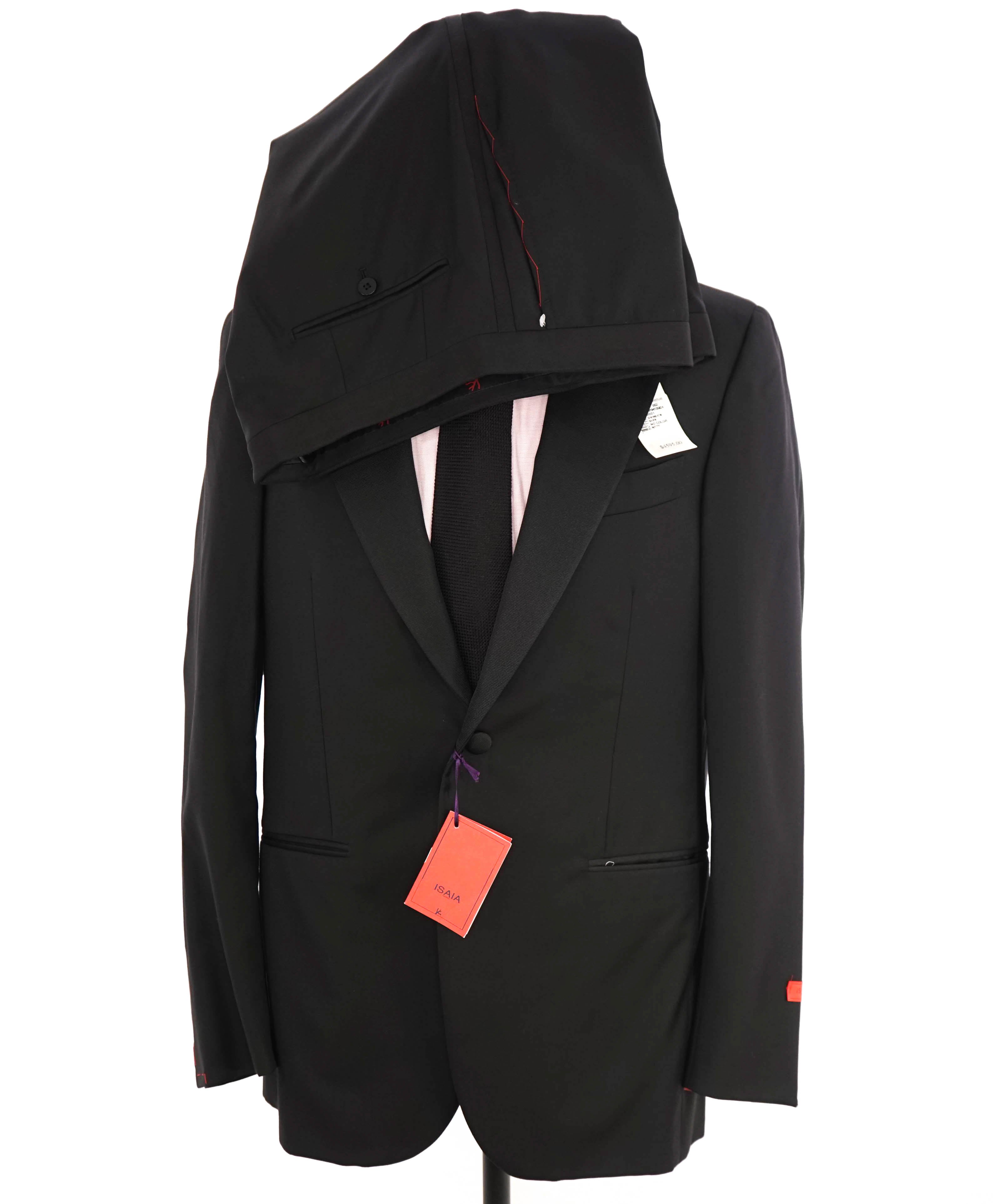 $4,595 ISAIA - "AQUASPIDER" Satin PEAK LAPEL Black Wool Tuxedo - 40L (36W)