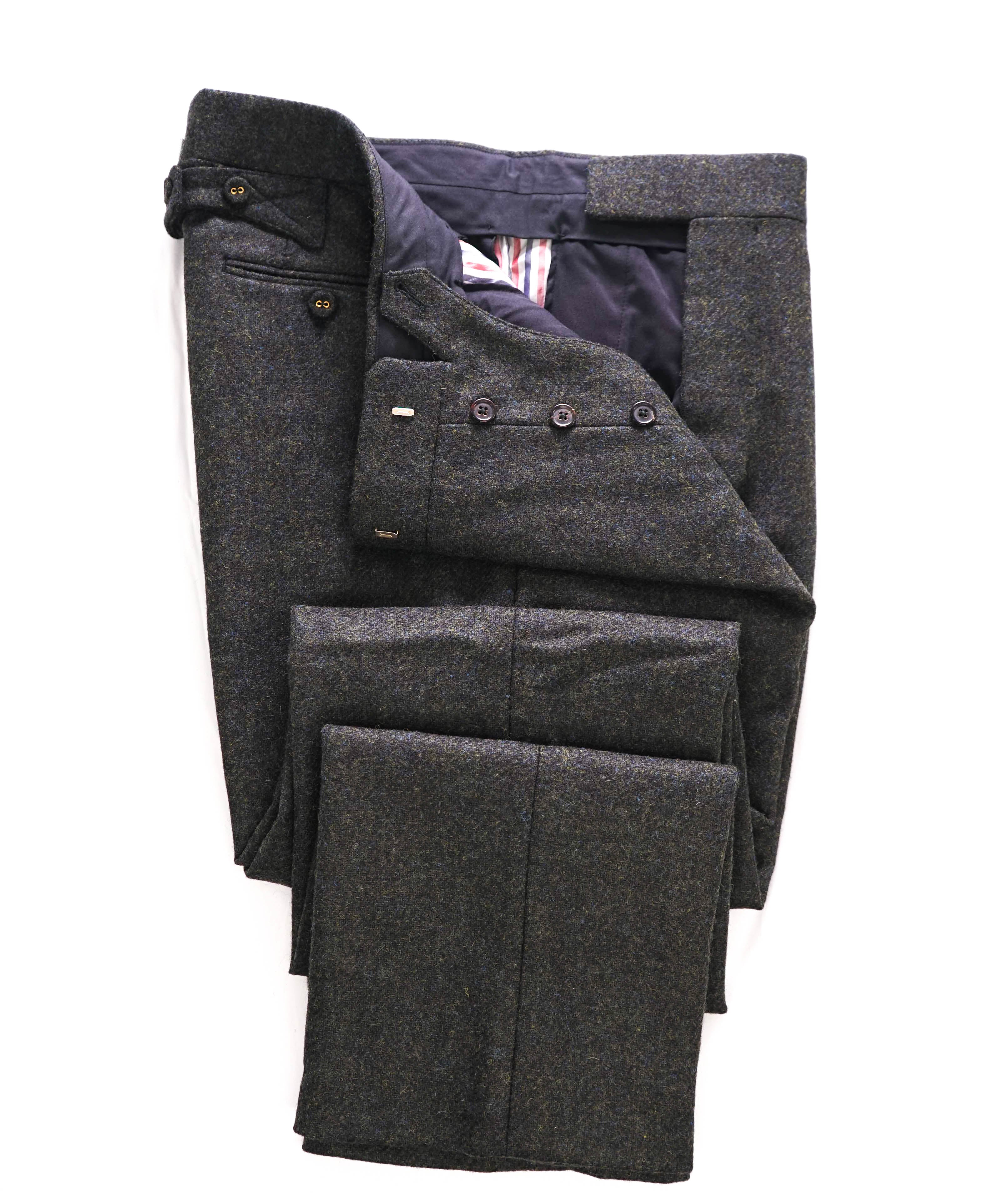 $3,200 THOM BROWNE - Hunter Green Flannel Dress Pants Side Tabs- (SZ 1) 32W