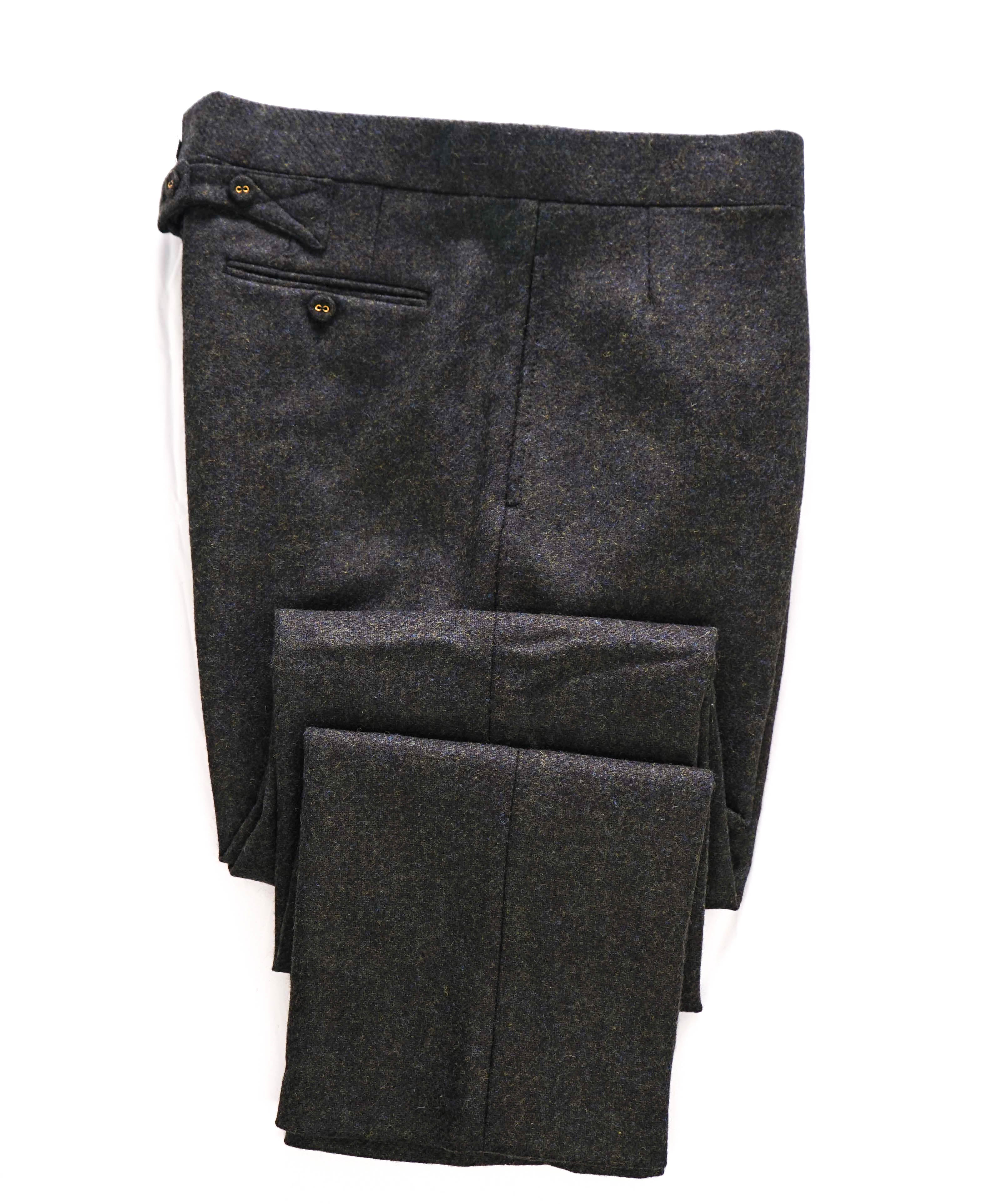 $3,200 THOM BROWNE - Hunter Green Flannel Dress Pants Side Tabs- (SZ 1) 32W