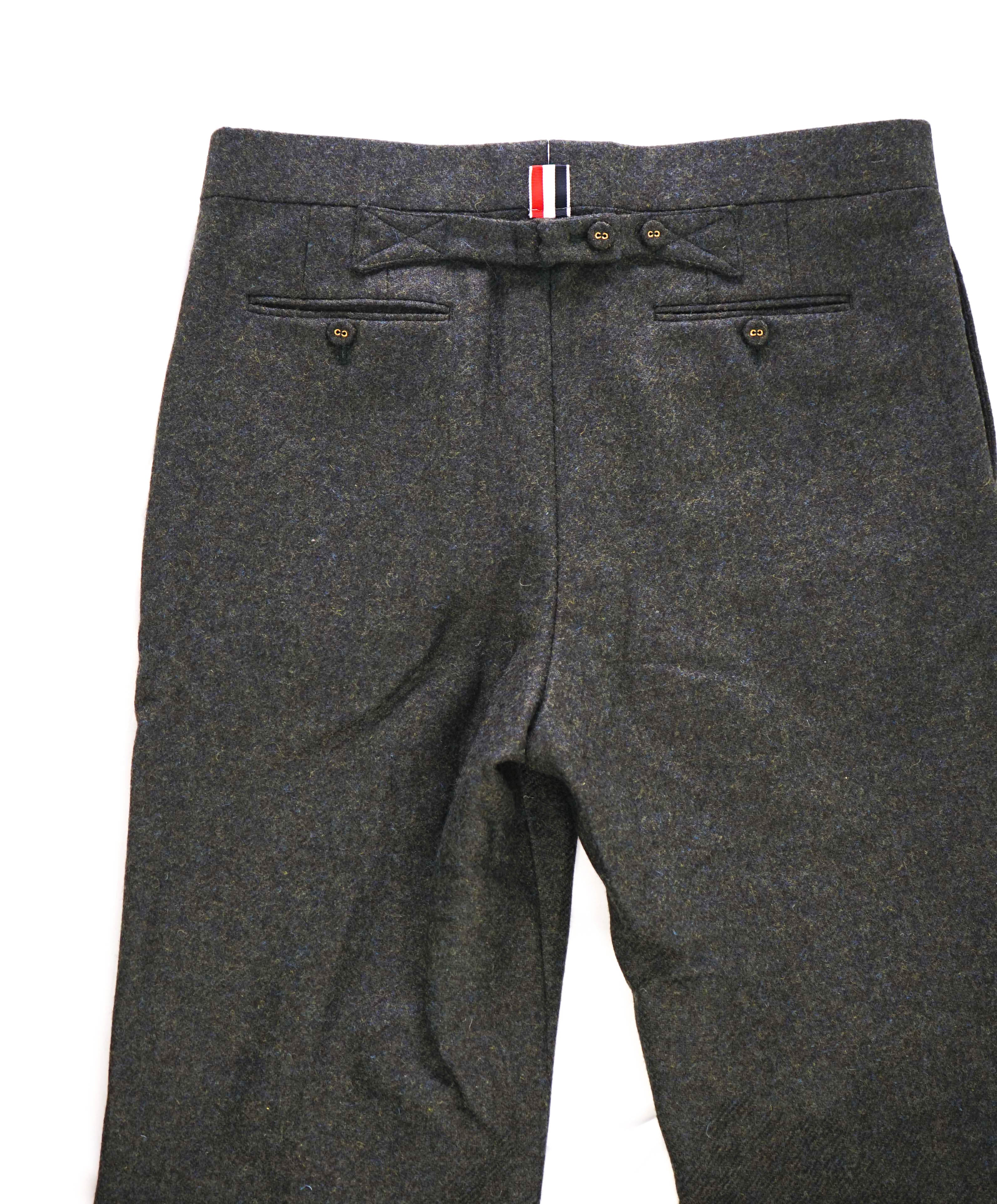 $3,200 THOM BROWNE - Hunter Green Flannel Dress Pants Side Tabs- (SZ 1) 32W