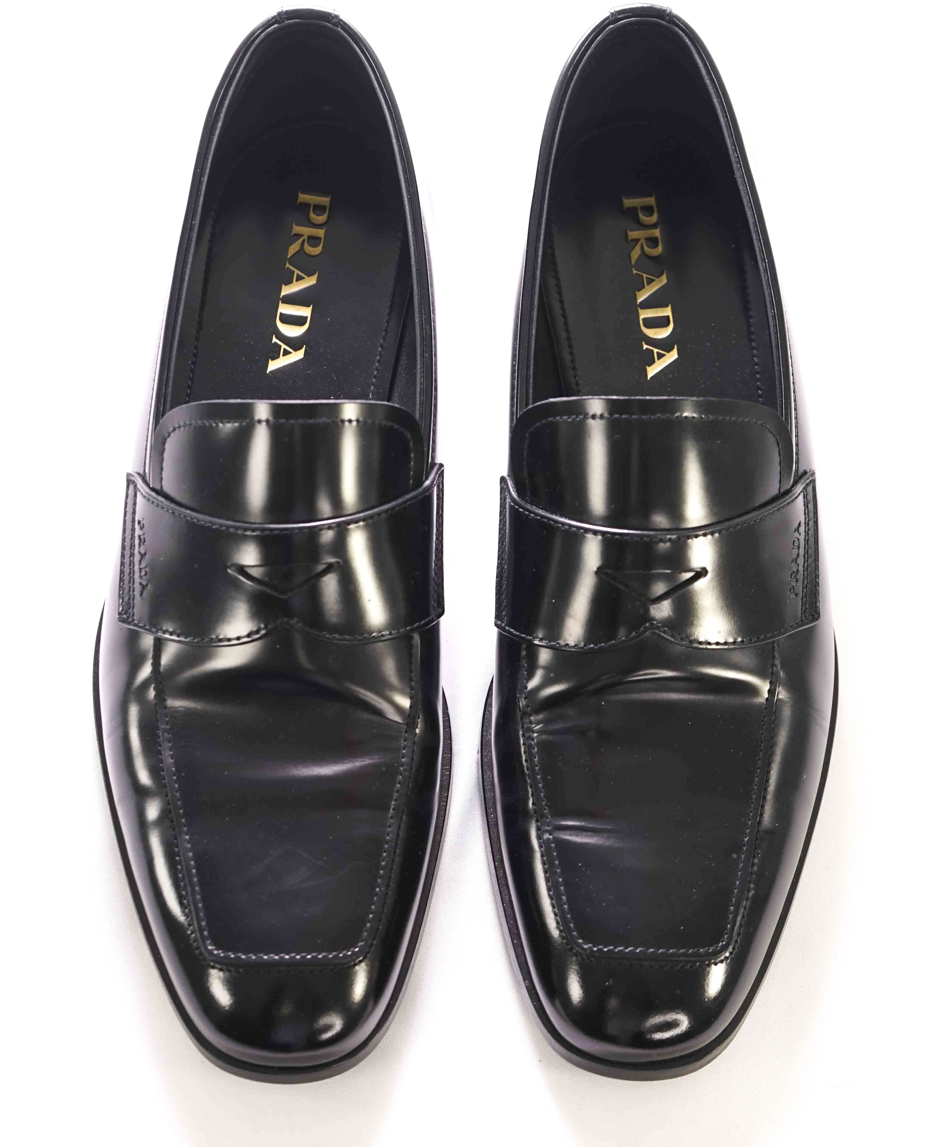 $950 PRADA - Prada Brushed Black Leather Penny Loafers - 9 US (8 Prada)
