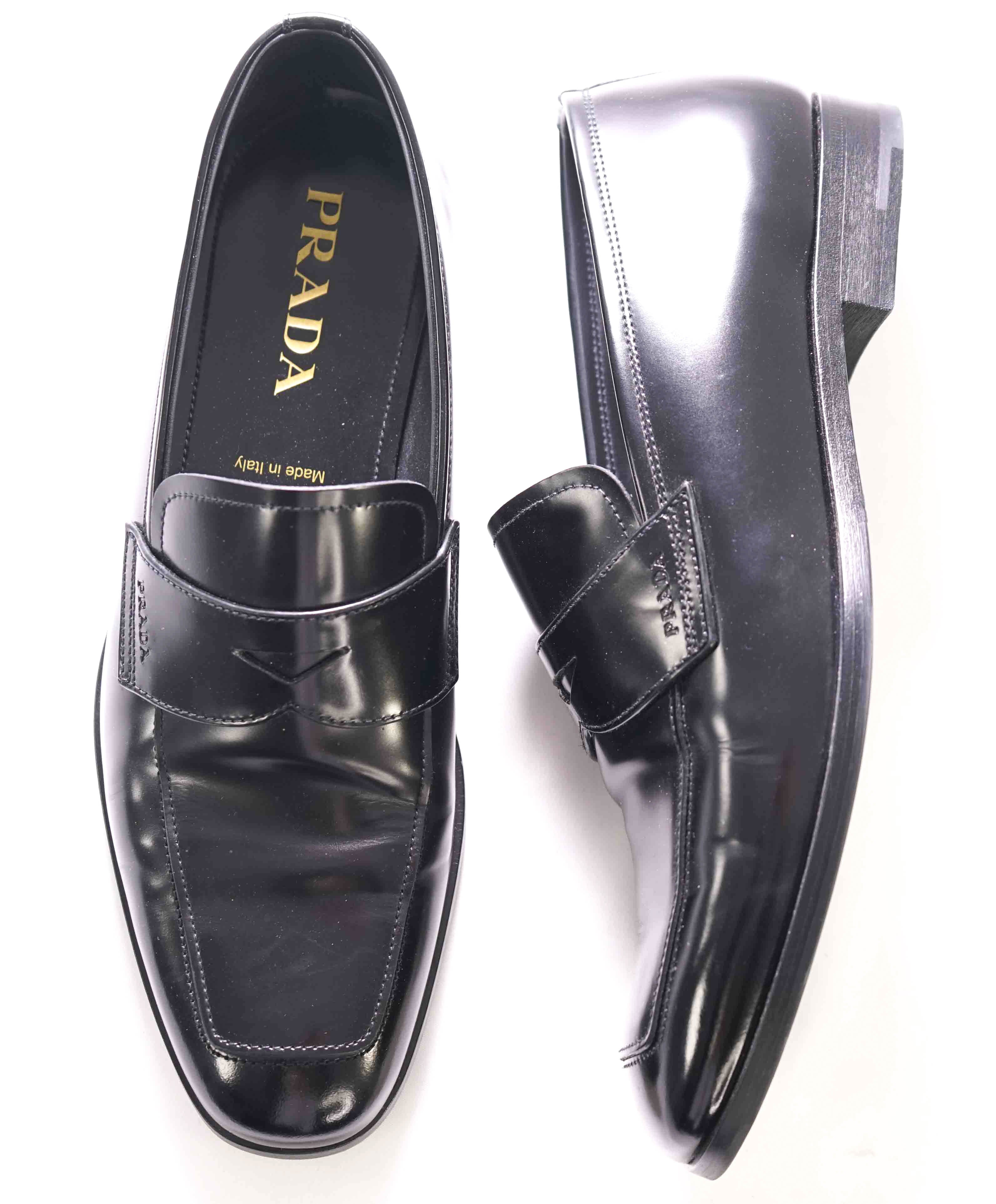 $950 PRADA - Prada Brushed Black Leather Penny Loafers - 9 US (8 Prada)