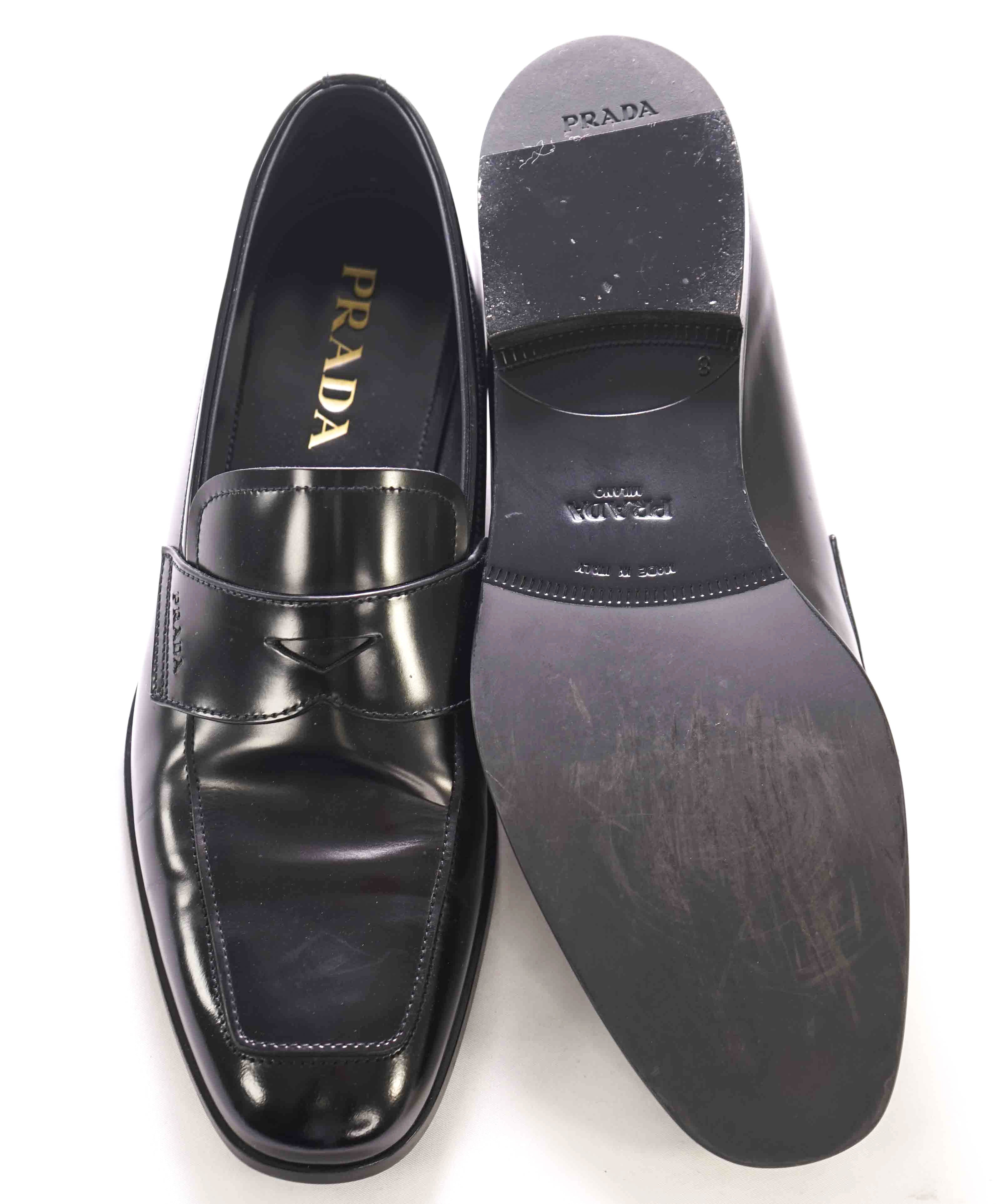$950 PRADA - Prada Brushed Black Leather Penny Loafers - 9 US (8 Prada)