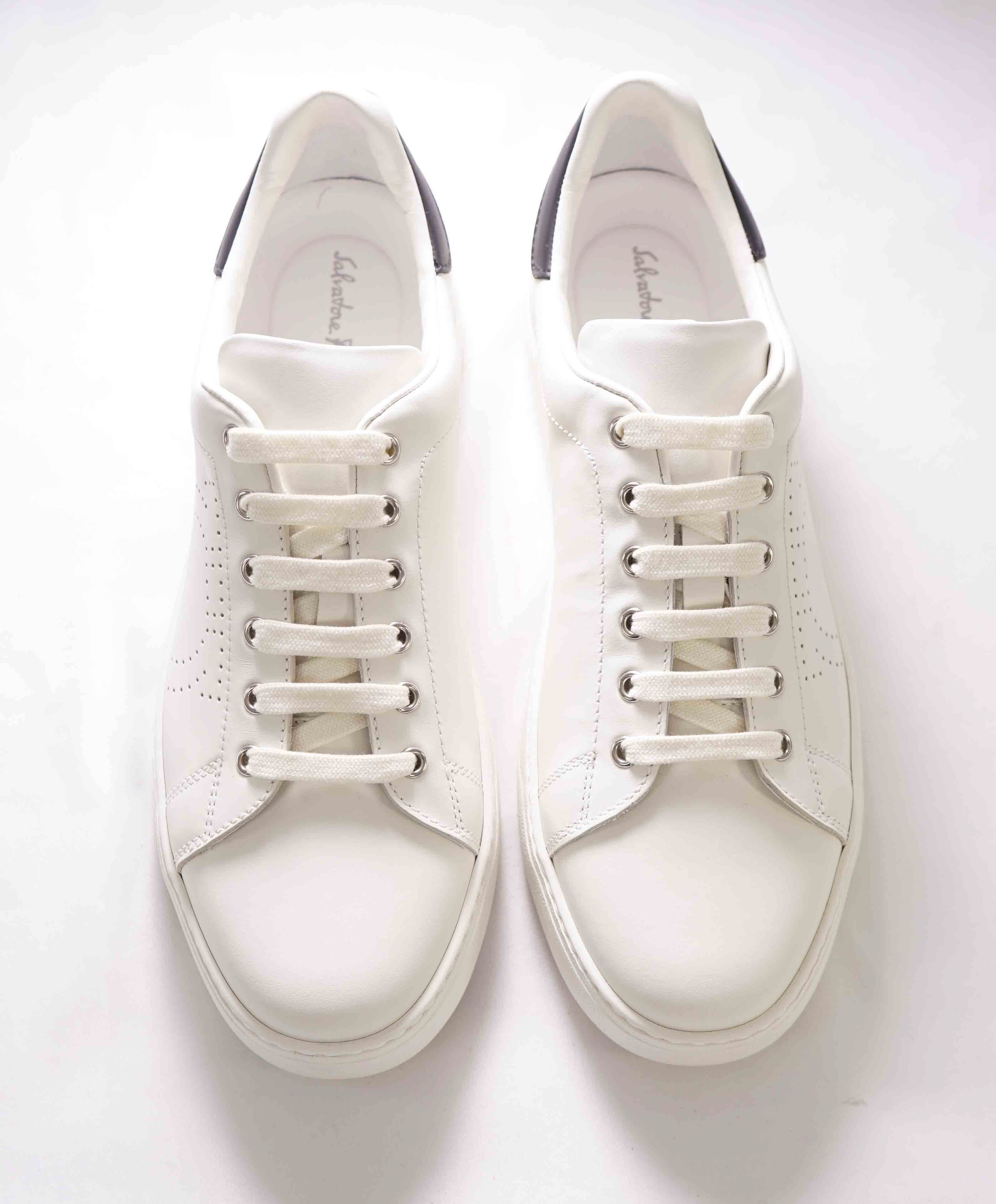 $695 SALVATORE FERRAGAMO - *PIERRE* White/Black Gancini Sneaker - 10 M US