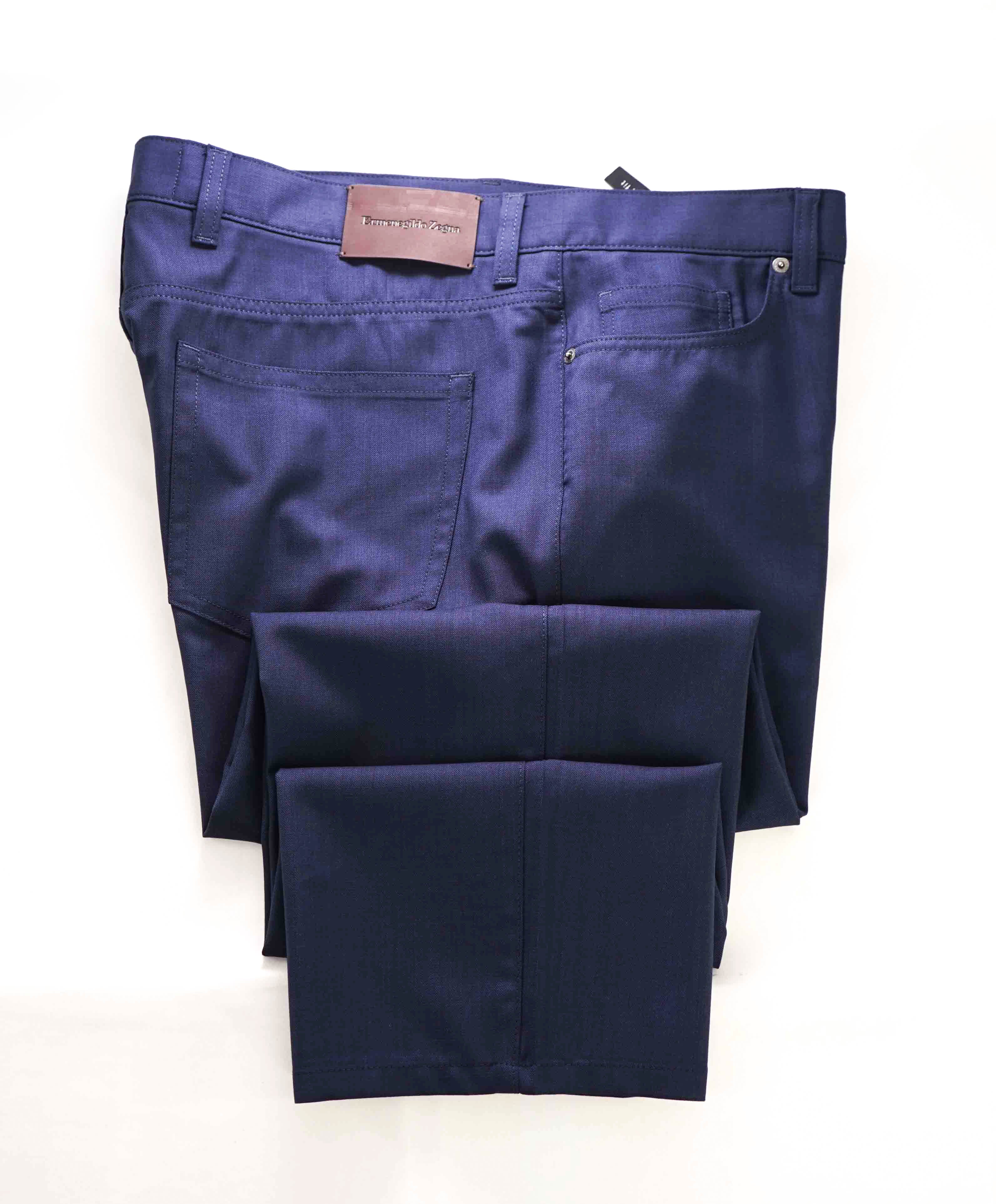 ERMENEGILDO ZEGNA - Blue WOOL Suede Logo Tag 5-Pocket Pants- 40W