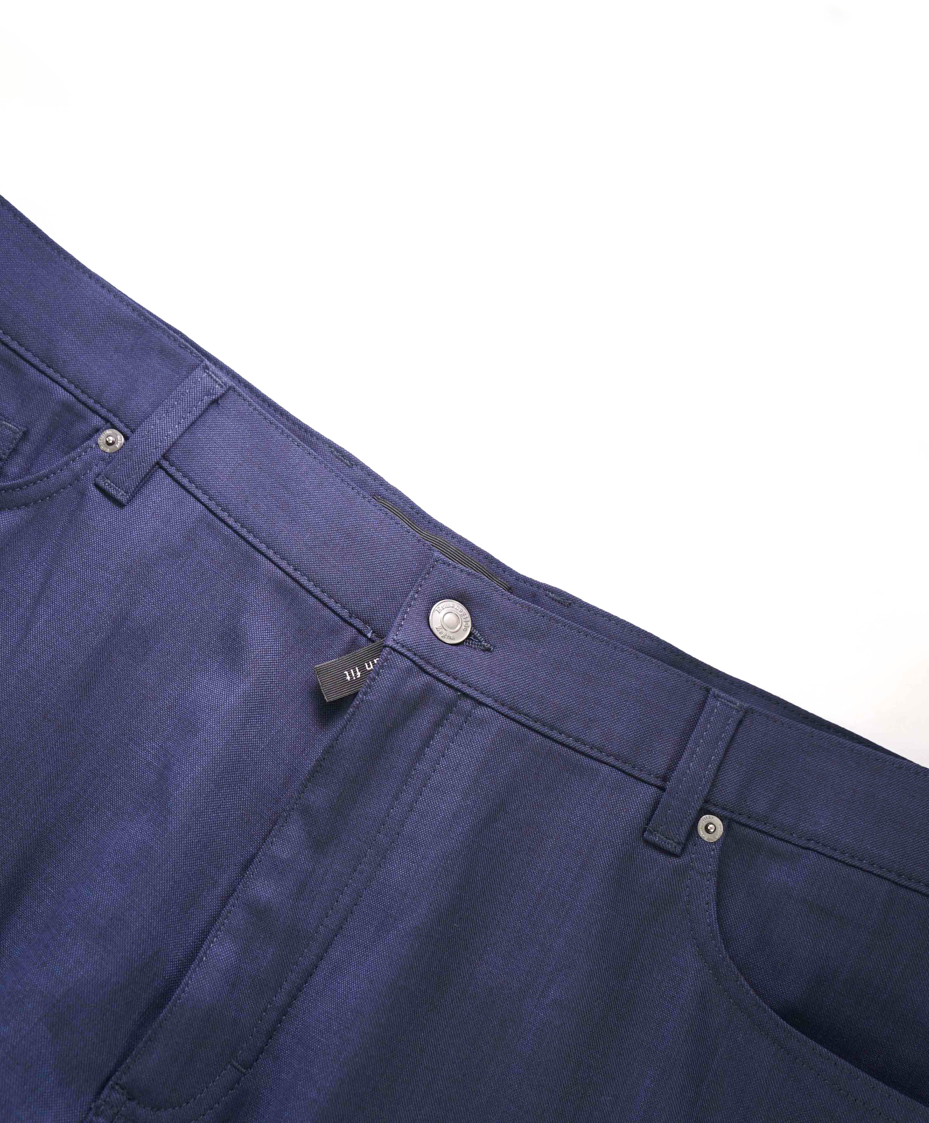 ERMENEGILDO ZEGNA - Blue WOOL Suede Logo Tag 5-Pocket Pants- 40W
