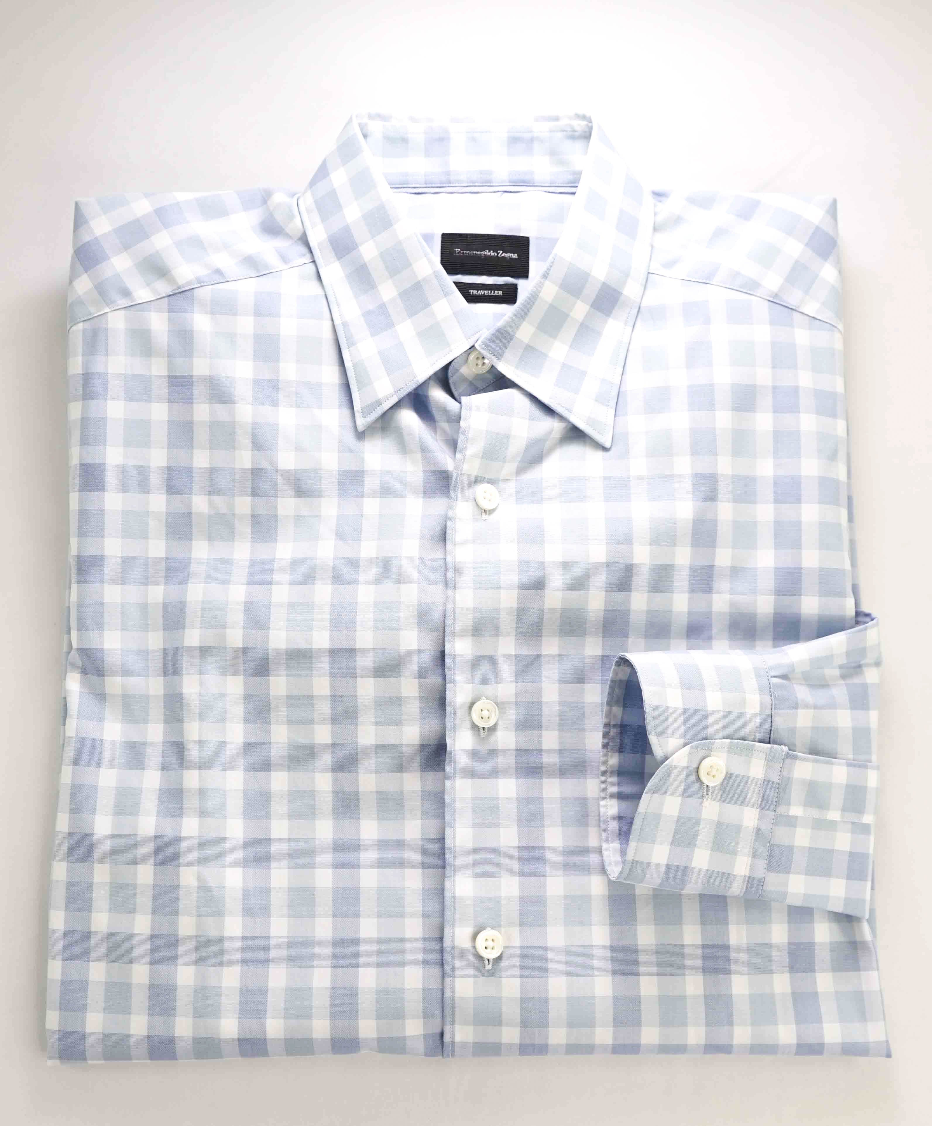 $550 ERMENEGILDO ZEGNA - Blue Check "TRAVELLER" Button Down Shirt - M