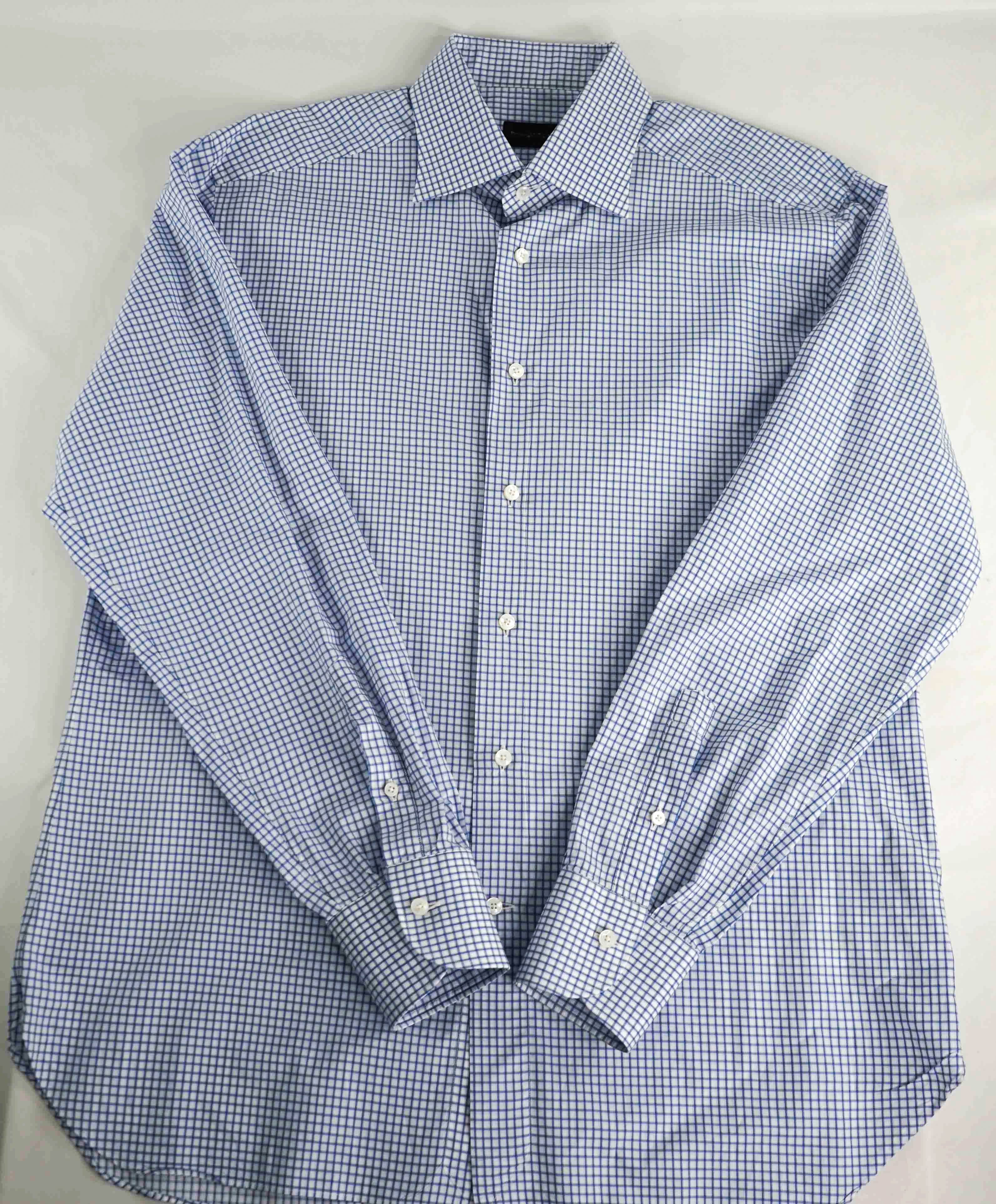 $550 ERMENEGILDO ZEGNA - Blue Check Button Down Shirt - 16.5