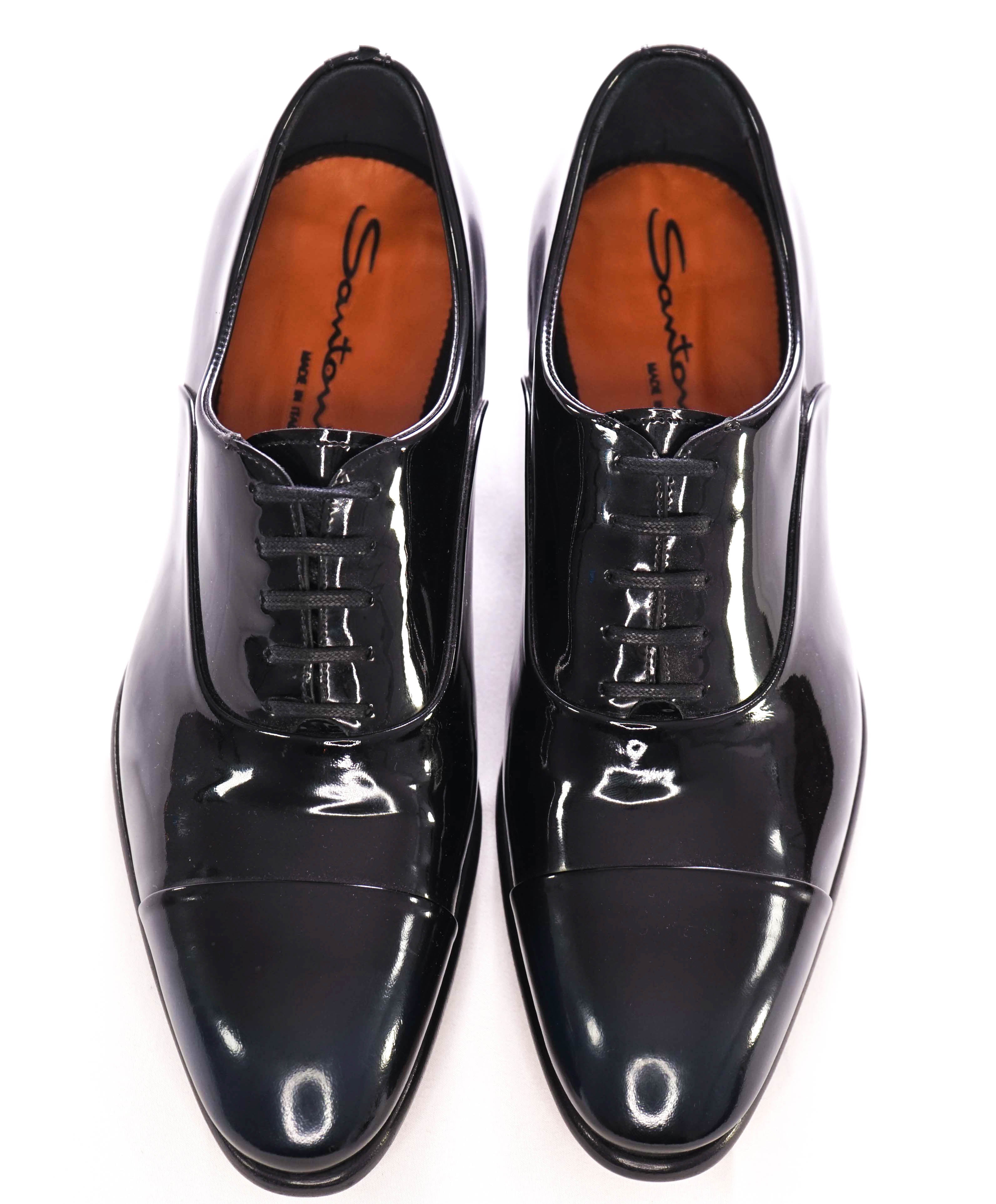 $1,595 SANTONI - "GOODYEAR WELT” Black Patent Leather Tuxedo Oxfords - 6 US (5IT)