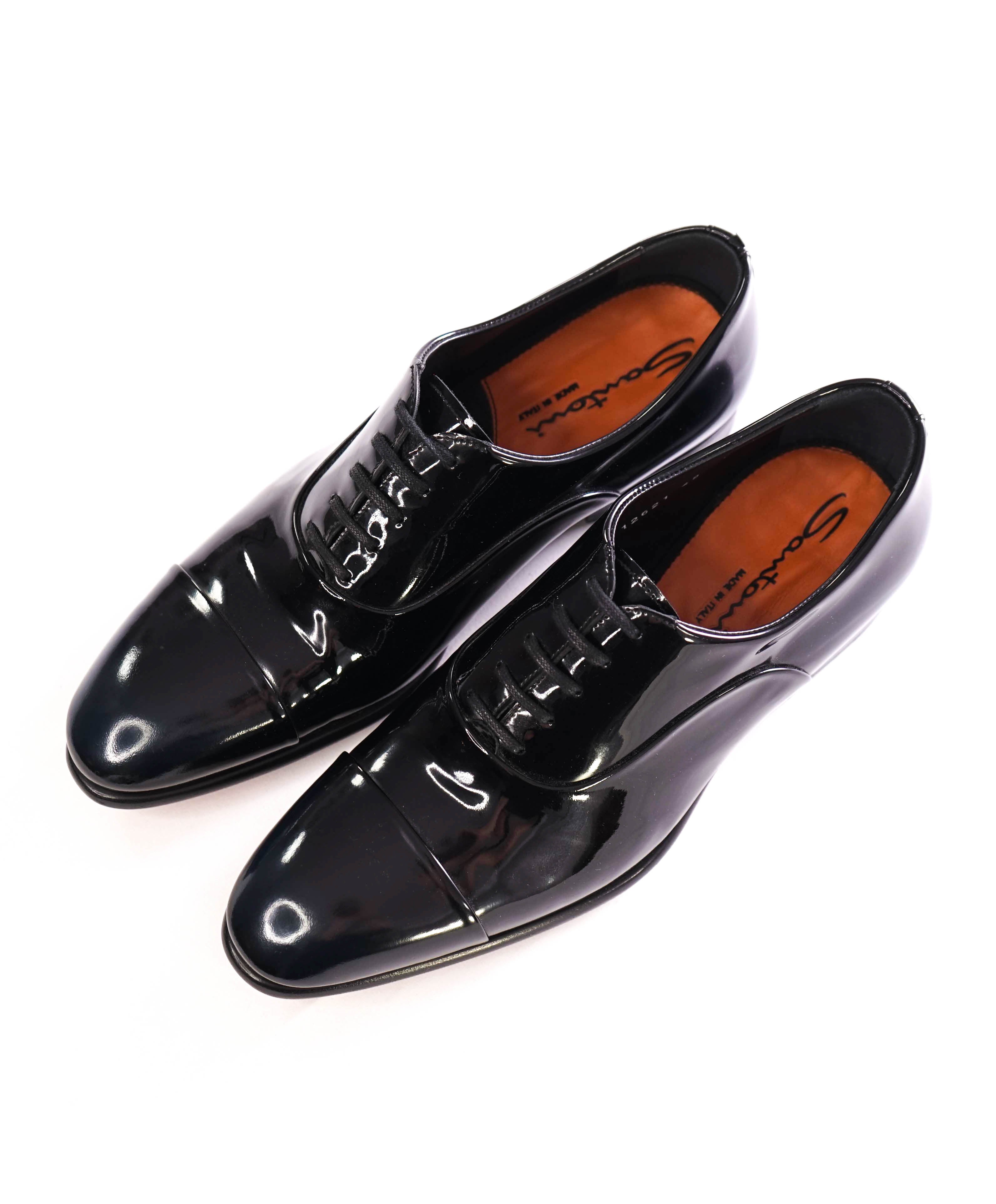 $1,595 SANTONI - "GOODYEAR WELT” Black Patent Leather Tuxedo Oxfords - 6 US (5IT)