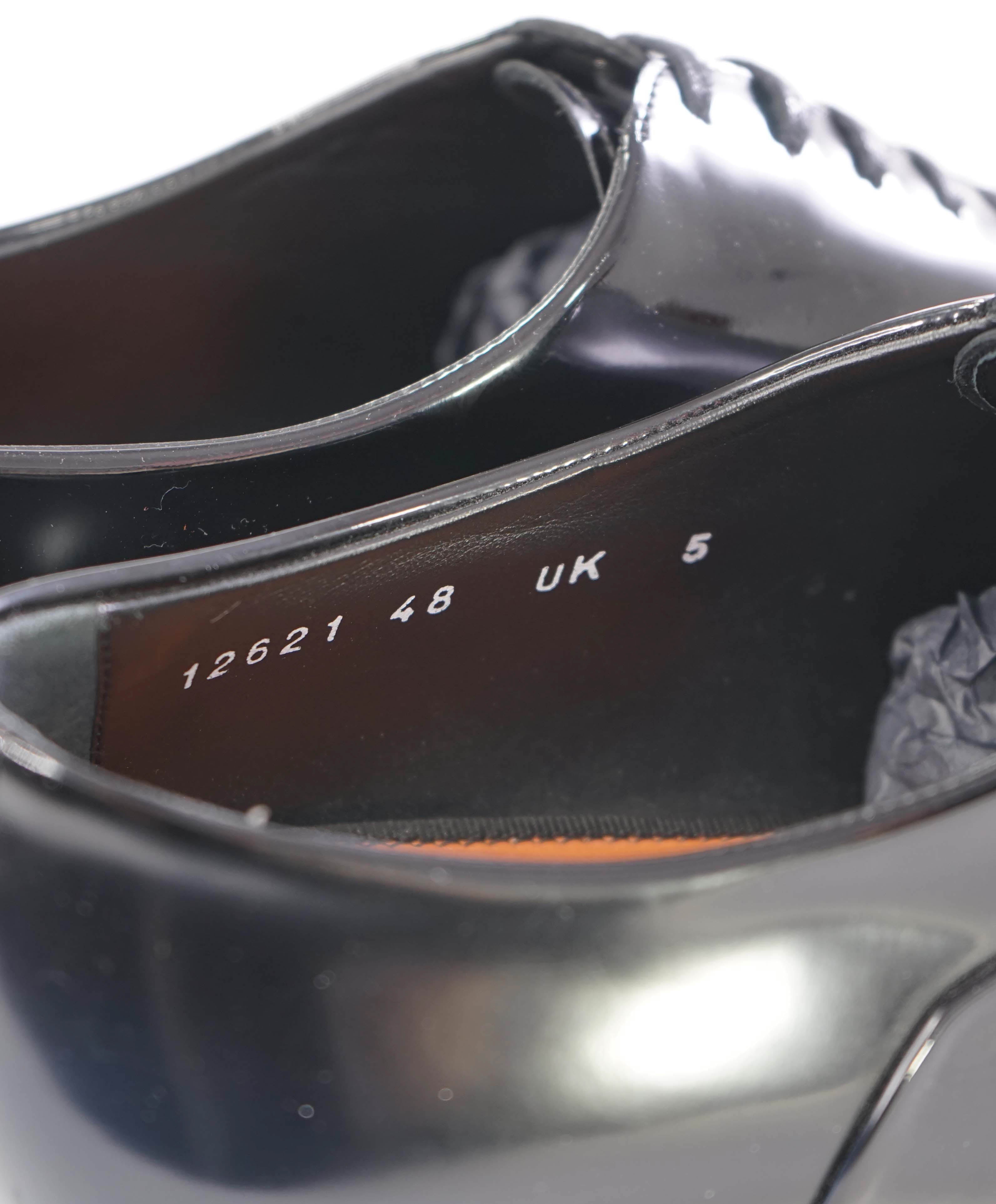 $1,595 SANTONI - "GOODYEAR WELT” Black Patent Leather Tuxedo Oxfords - 6 US (5IT)