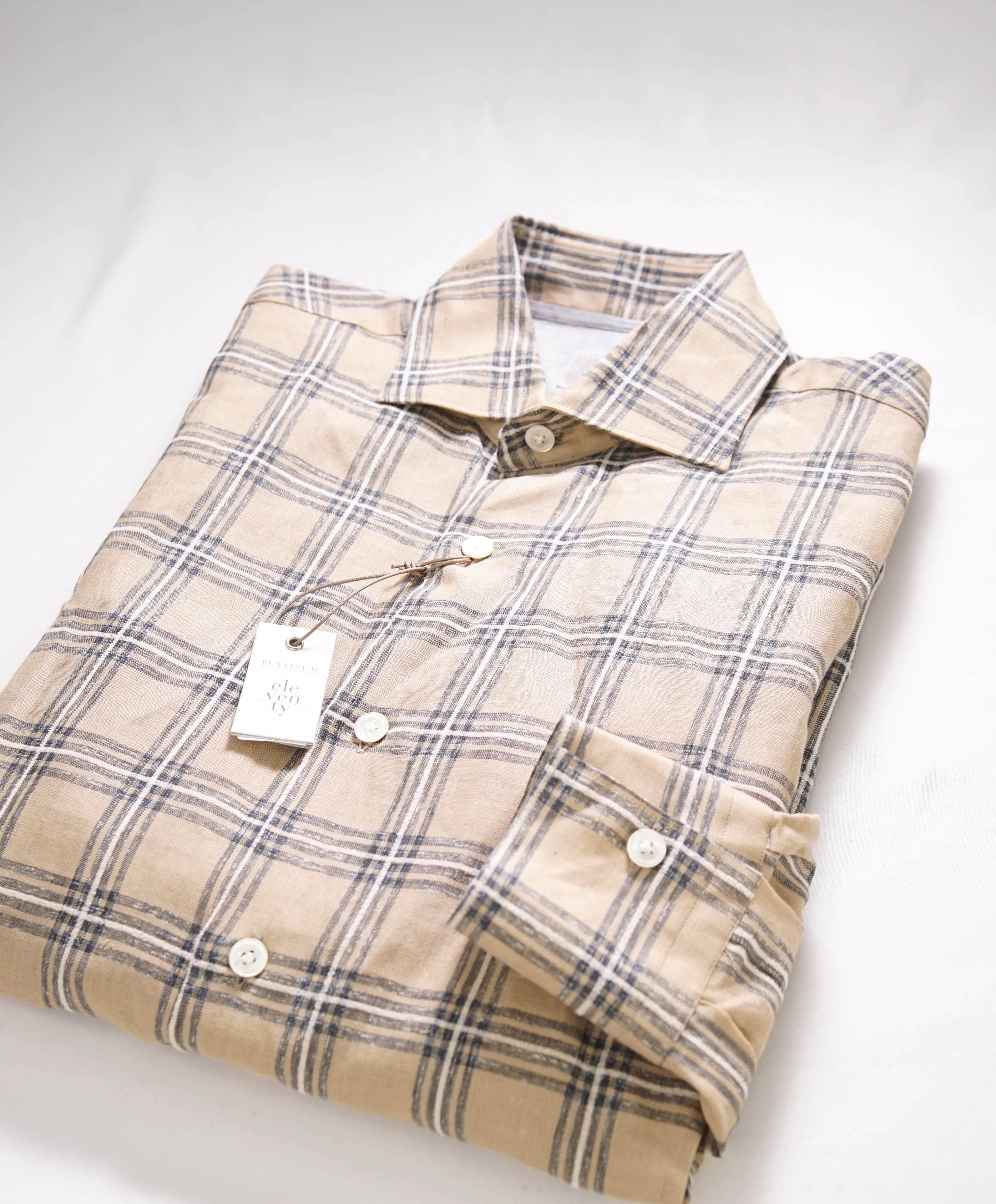 $395 ELEVENTY - *Linen/Cotton* Brown White Check Dress Shirt - S