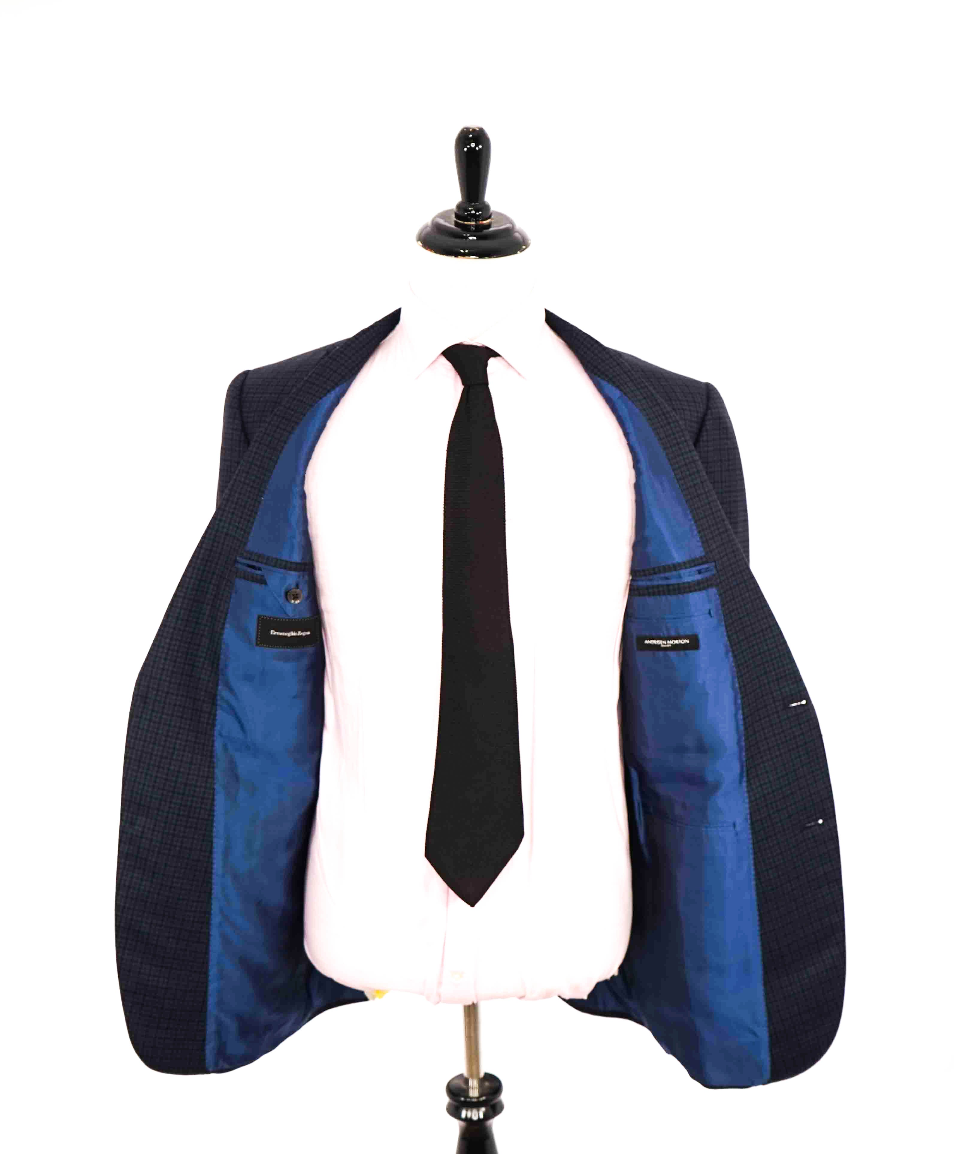 $2,695 ERMENEGILDO ZEGNA - Navy/Blue/Brown Check Blazer - 44L