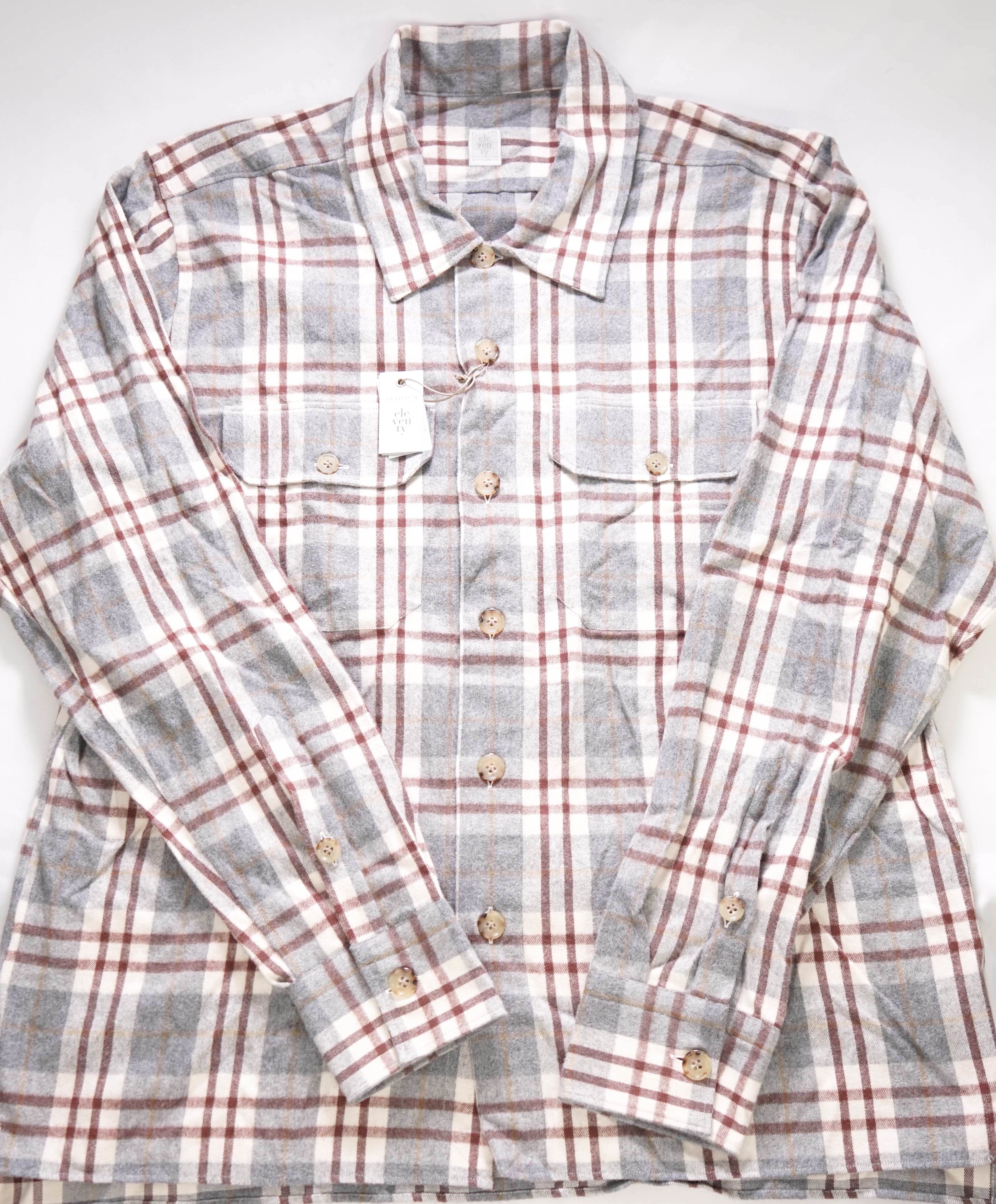 $595 ELEVENTY PLATINUM - FLANNEL Cotton Gray/Burgundy Shirt Jacket Coat - XL