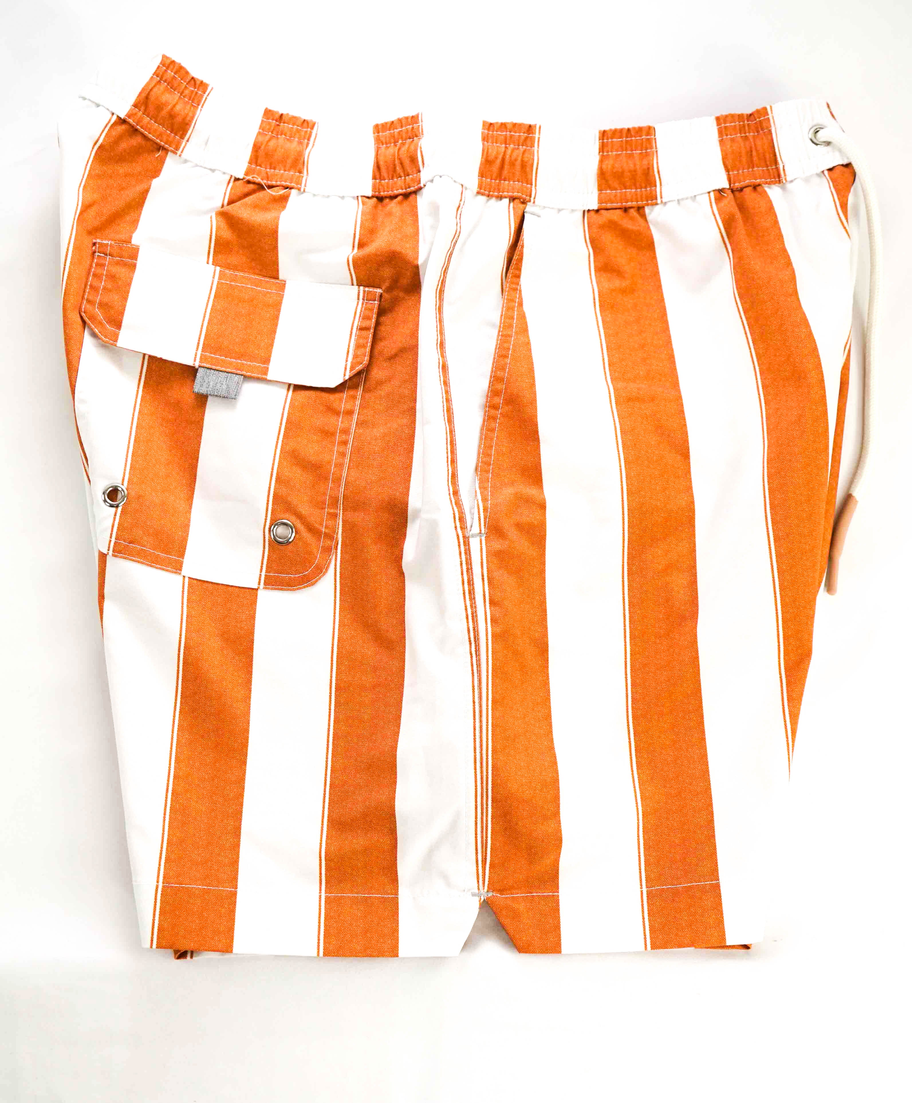 $345 ELEVENTY - Red/Orange BroadStripe Pattern Draw String Swim Shorts - M