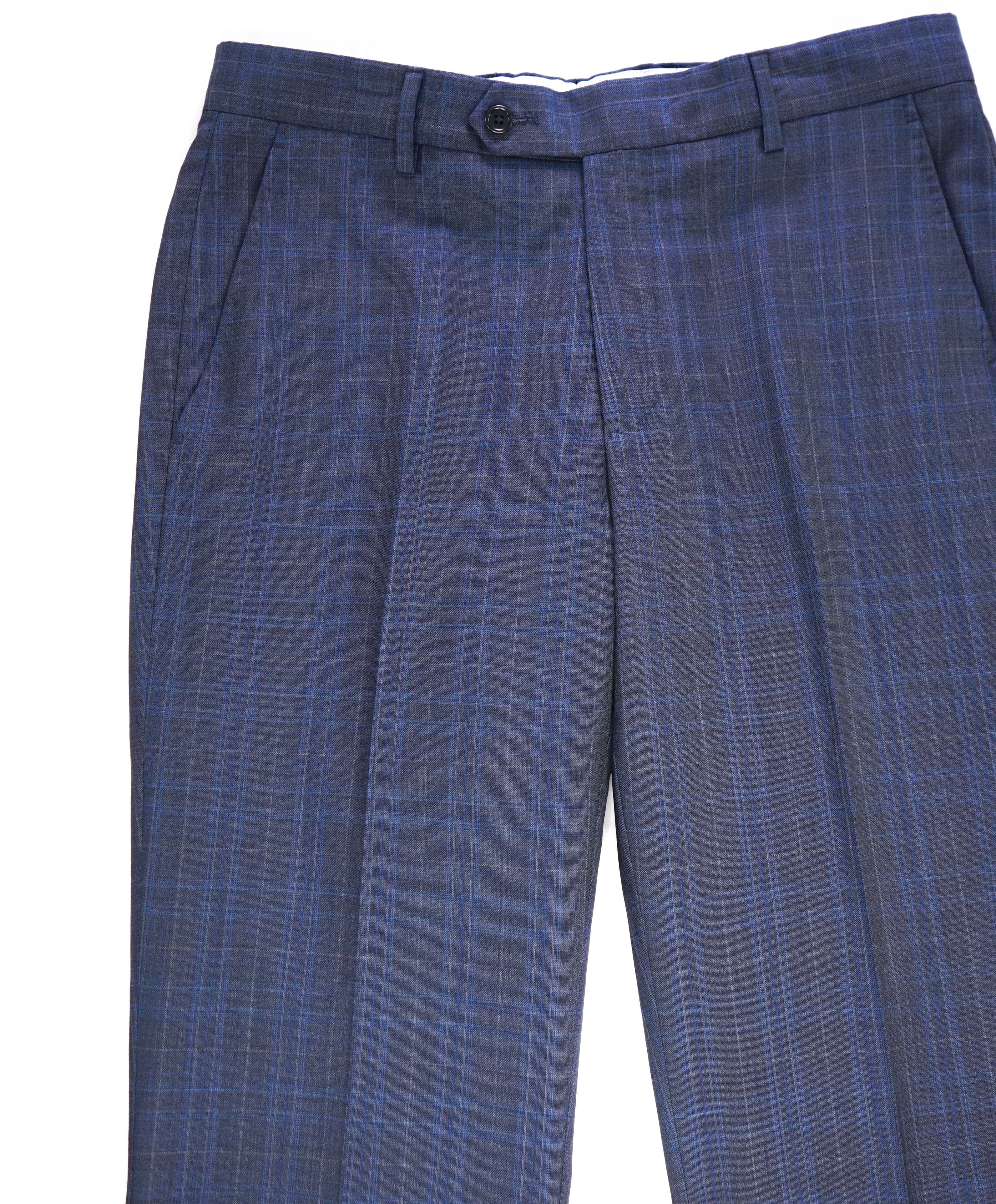 SAKS FIFTH AVE - Check Blue "Modern" Wool MADE IN ITALY Flat Front Dress Pants - 32W