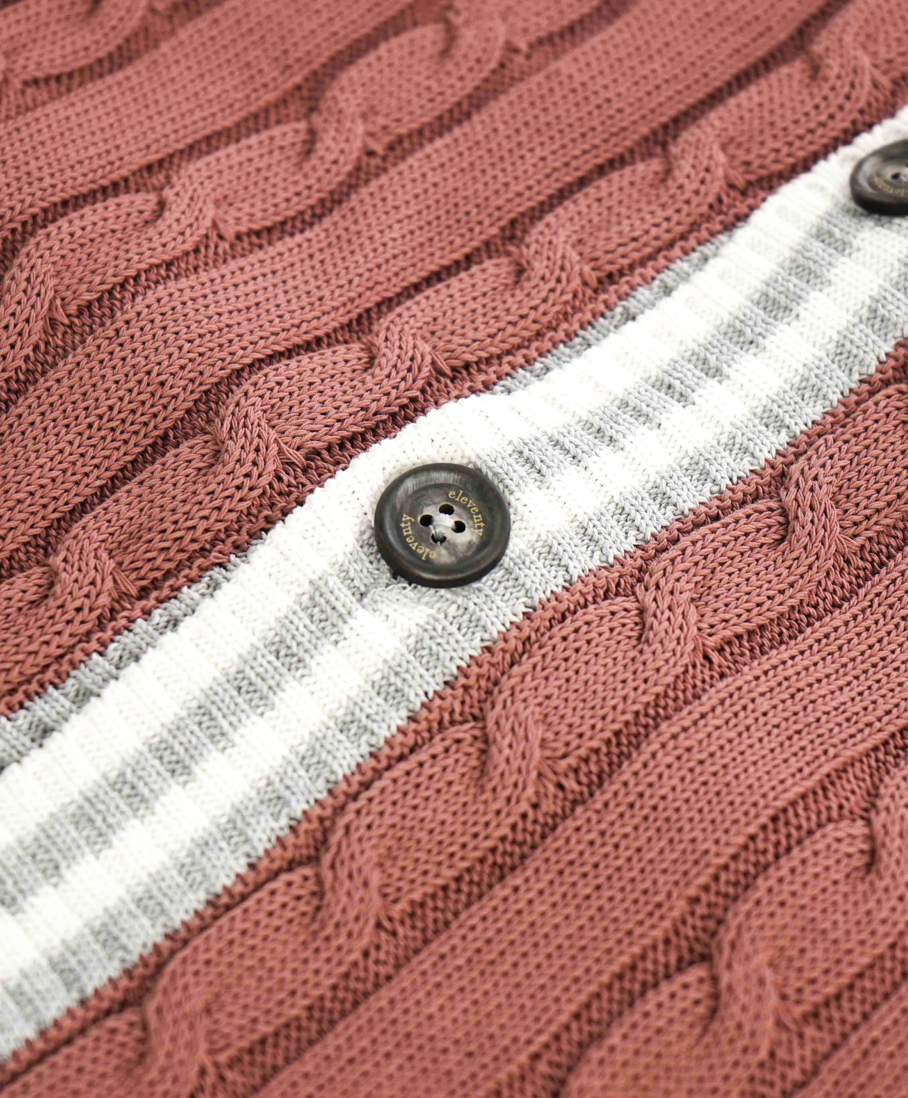 $795 ELEVENTY - Pastel Pink Cotton Cable Knit Tipped Cardigan Sweater- XXL