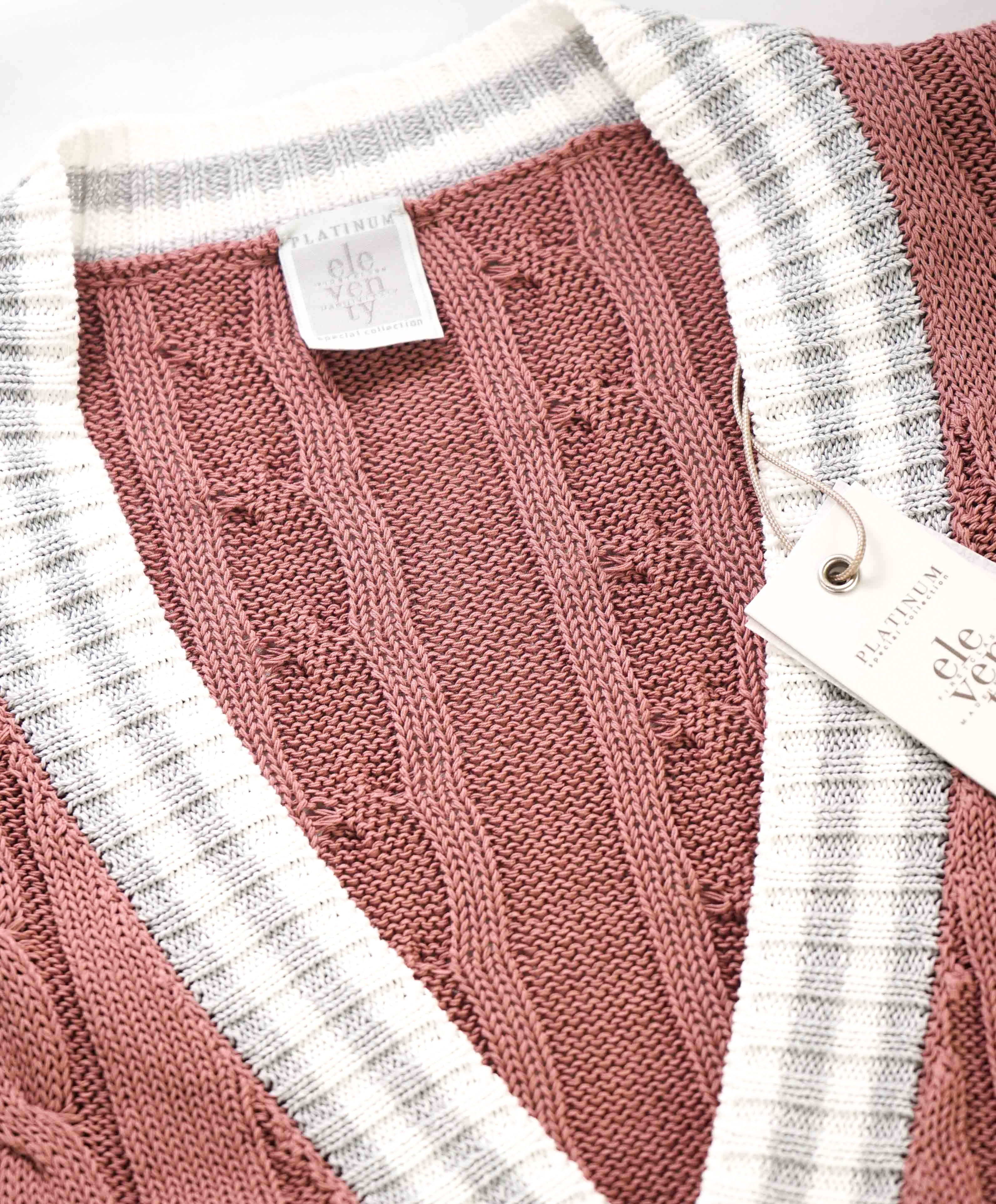 $795 ELEVENTY - Pastel Pink Cotton Cable Knit Tipped Cardigan Sweater- XXL