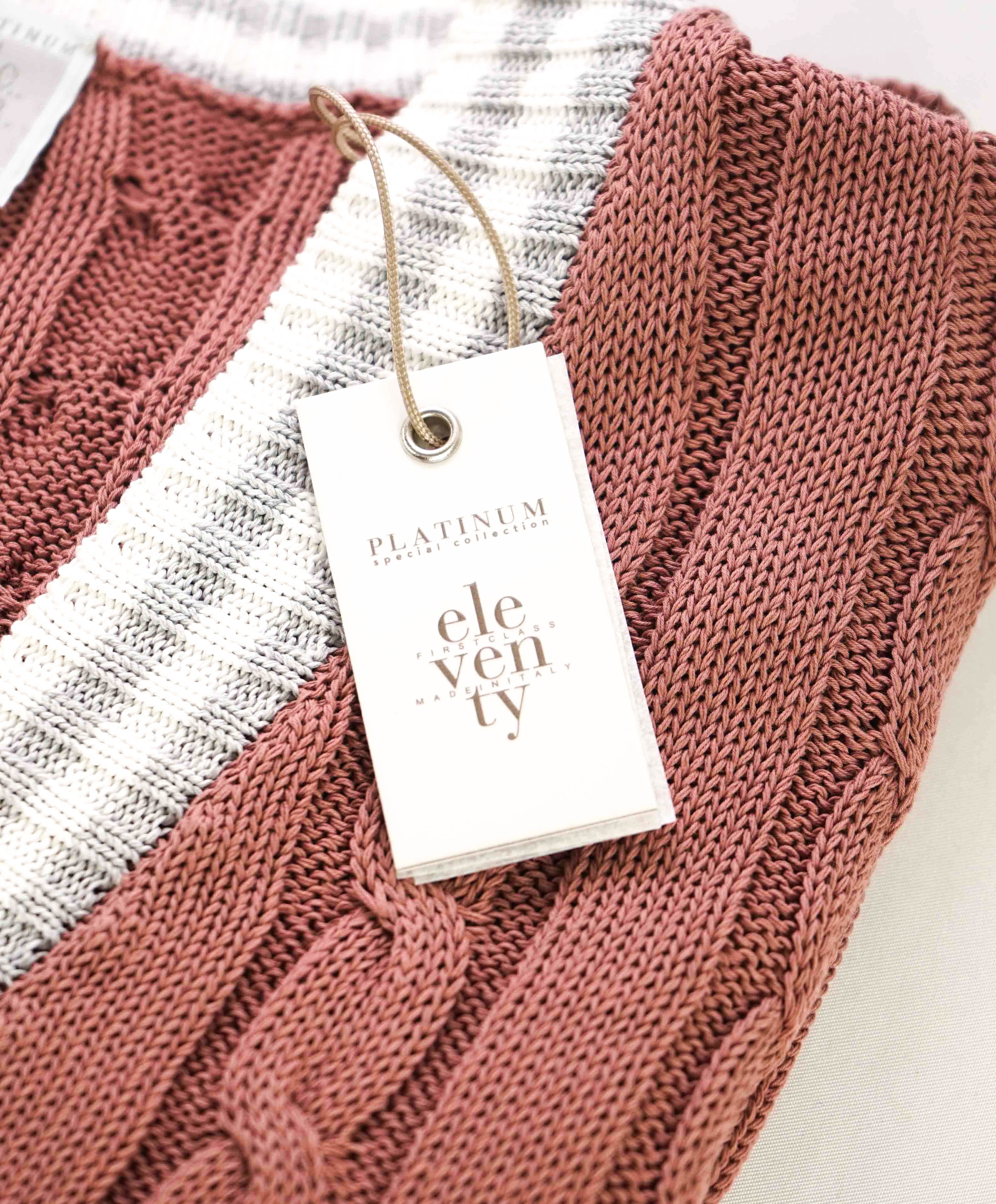 $795 ELEVENTY - Pastel Pink Cotton Cable Knit Tipped Cardigan Sweater- L