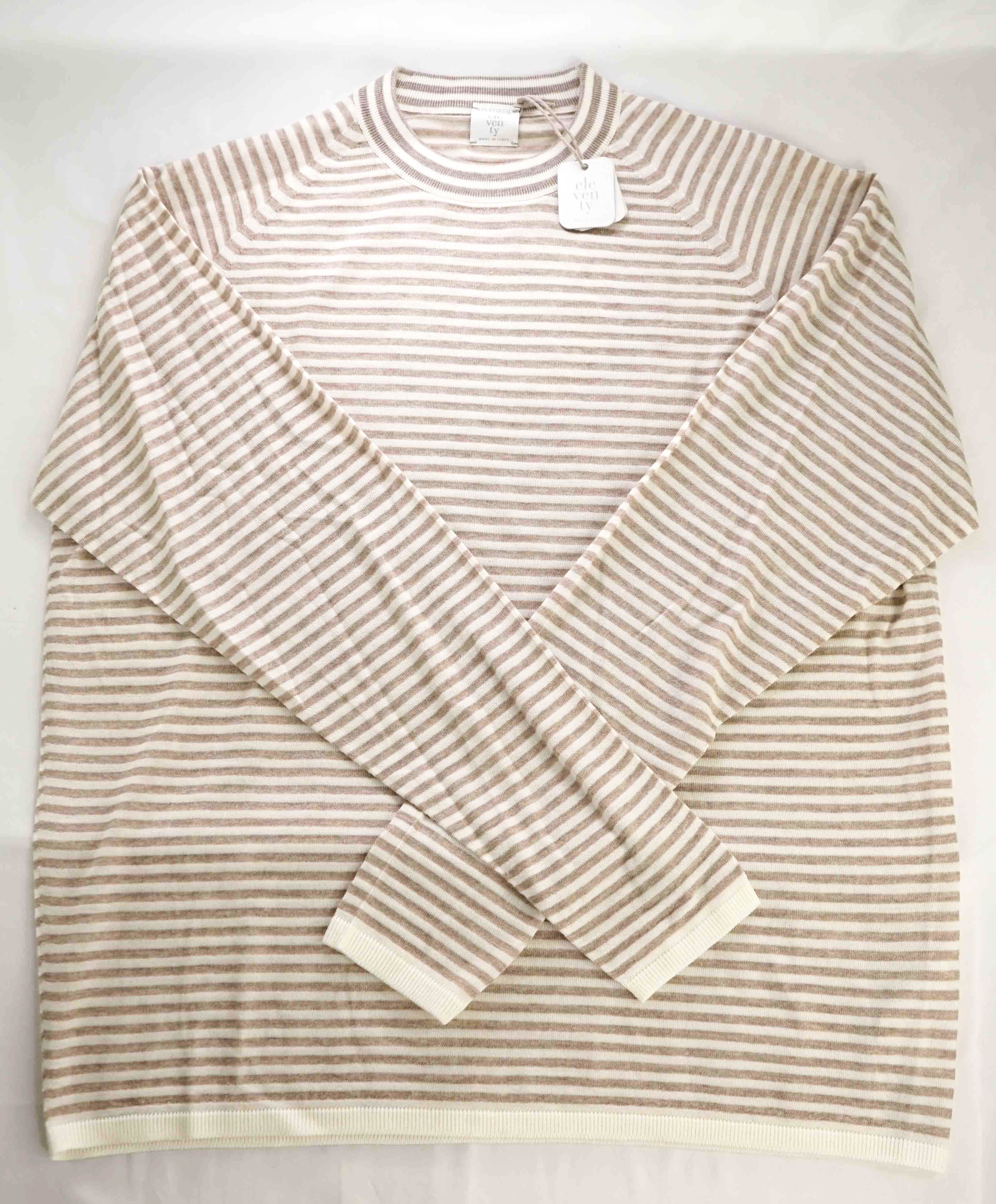 $875 ELEVENTY - Ivory / Camel Nautical Stripe High Crewneck Wool Sweater - M