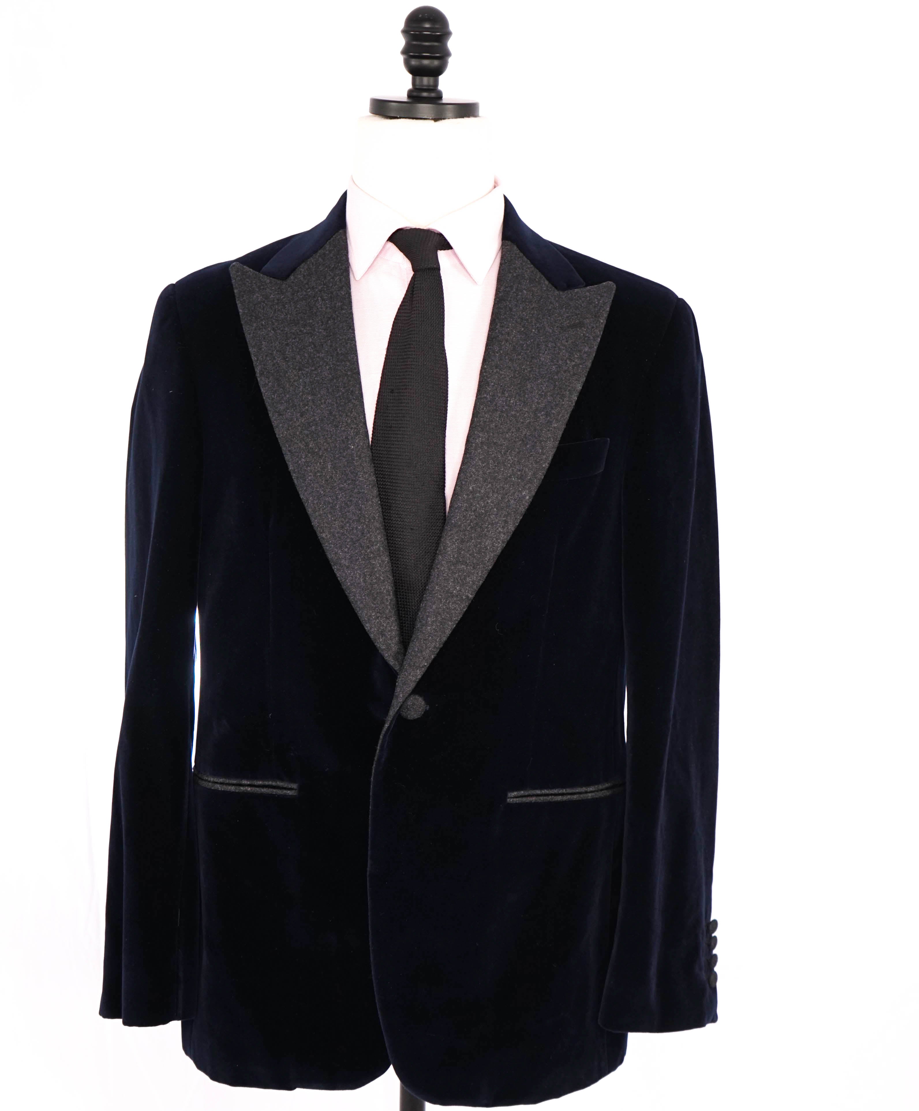 CANALI - Velvet Navy & Gray FLANNEL Peak Lapels Dinner/Smoking Jacket - 42R