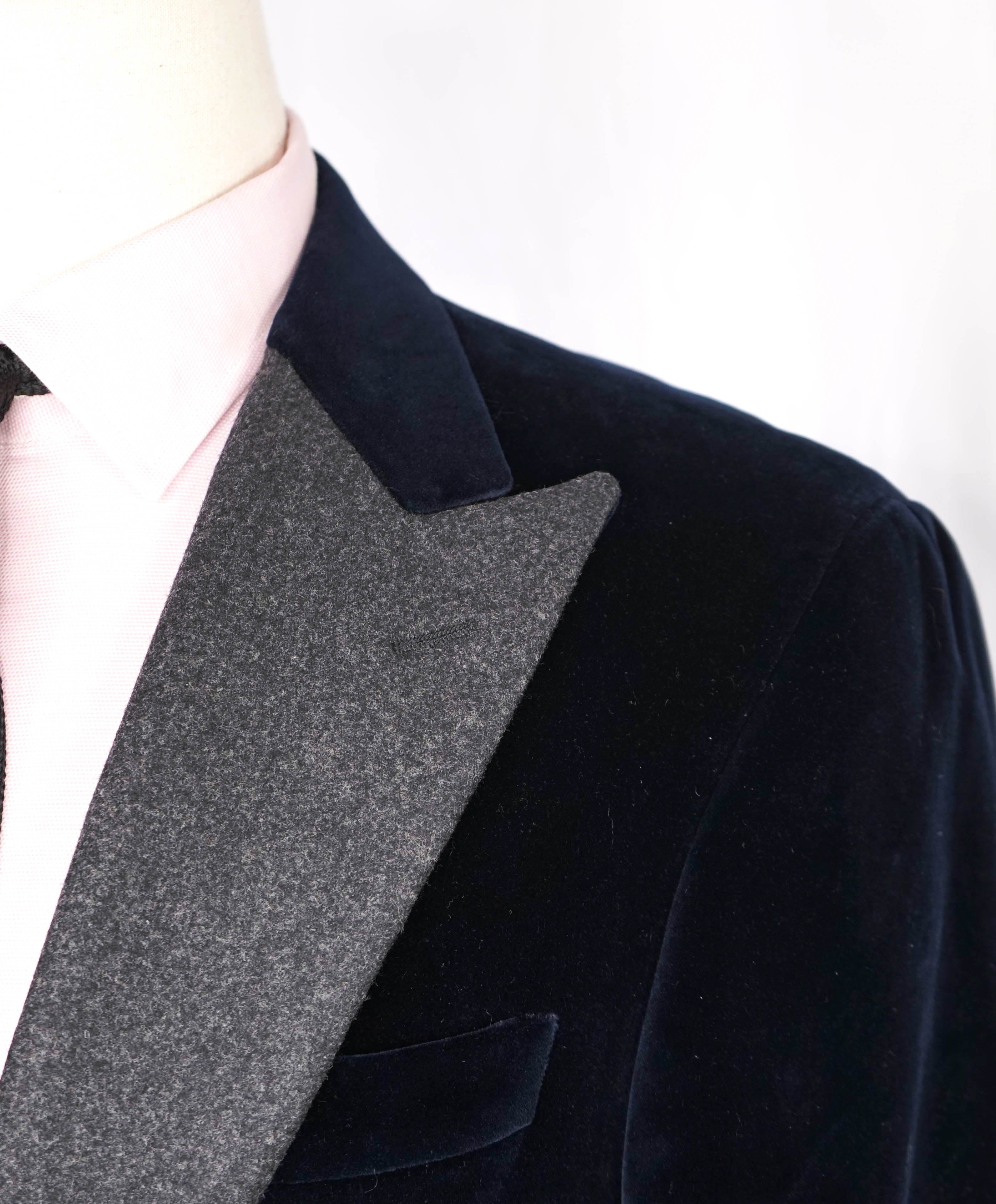 CANALI - Velvet Navy & Gray FLANNEL Peak Lapels Dinner/Smoking Jacket - 42R