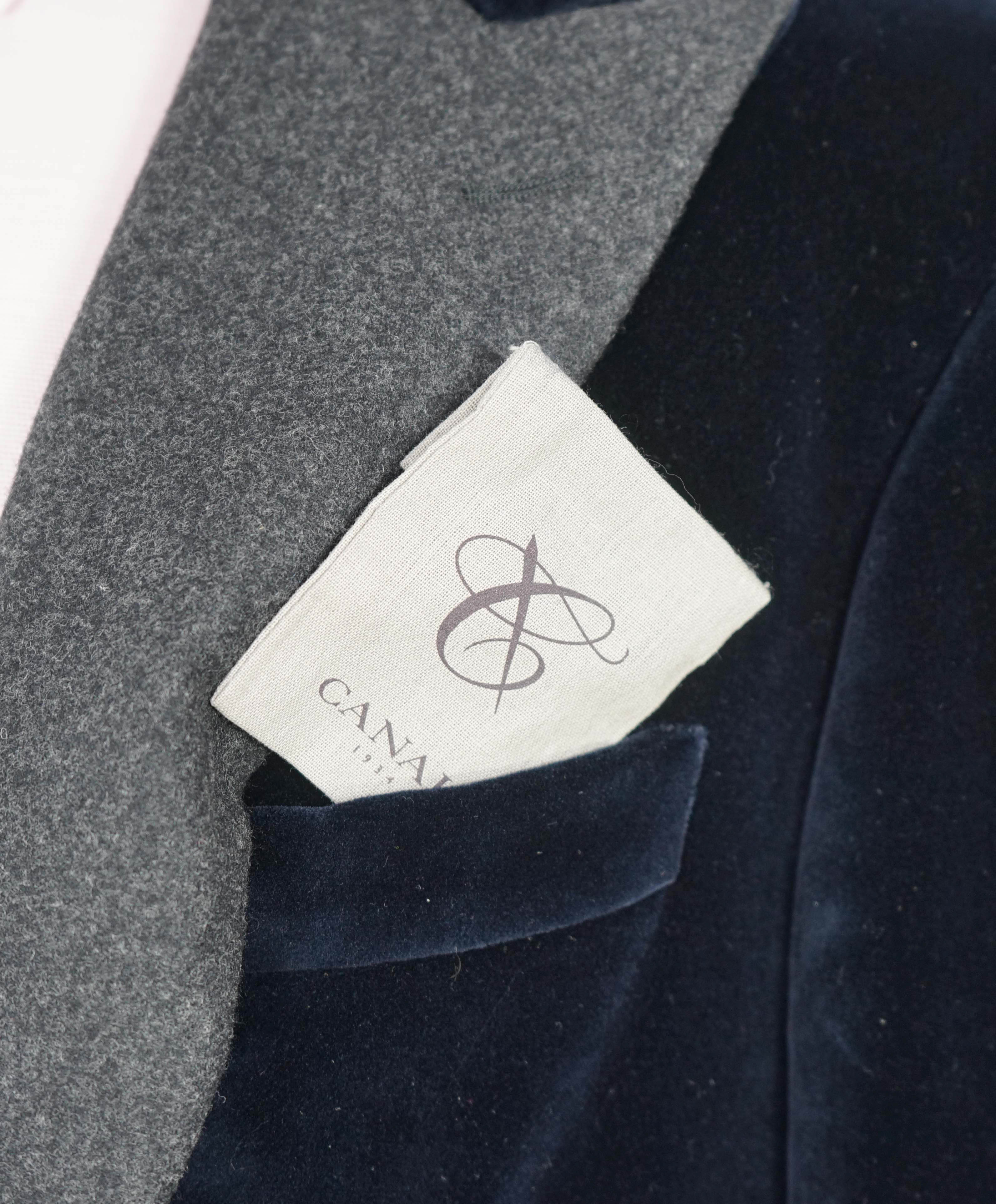 CANALI - Velvet Navy & Gray FLANNEL Peak Lapels Dinner/Smoking Jacket - 42R