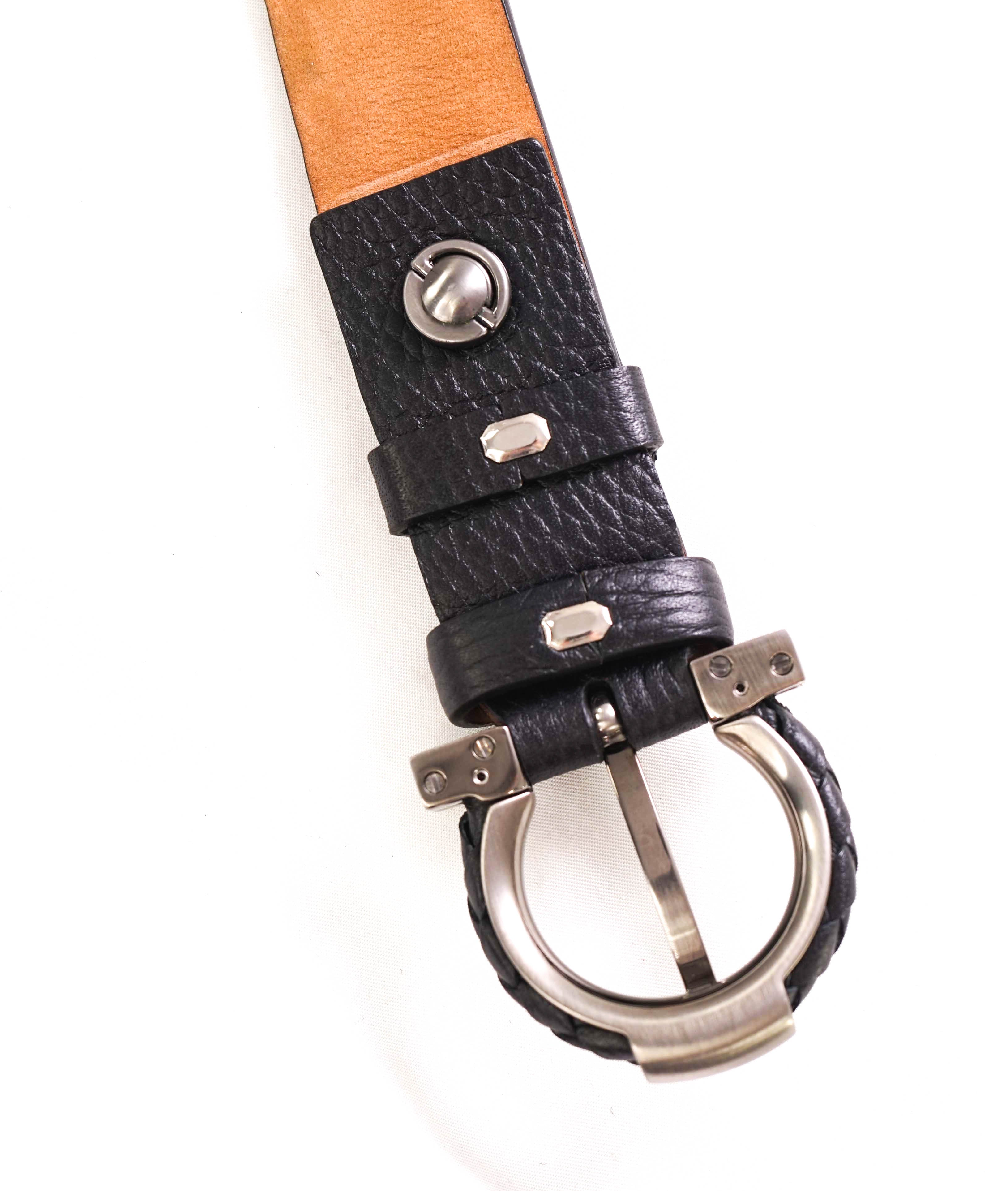 $535 SALVATORE FERRAGAMO - Black Single Gancini Braided Buckle Pebbled Leather Belt - 38W