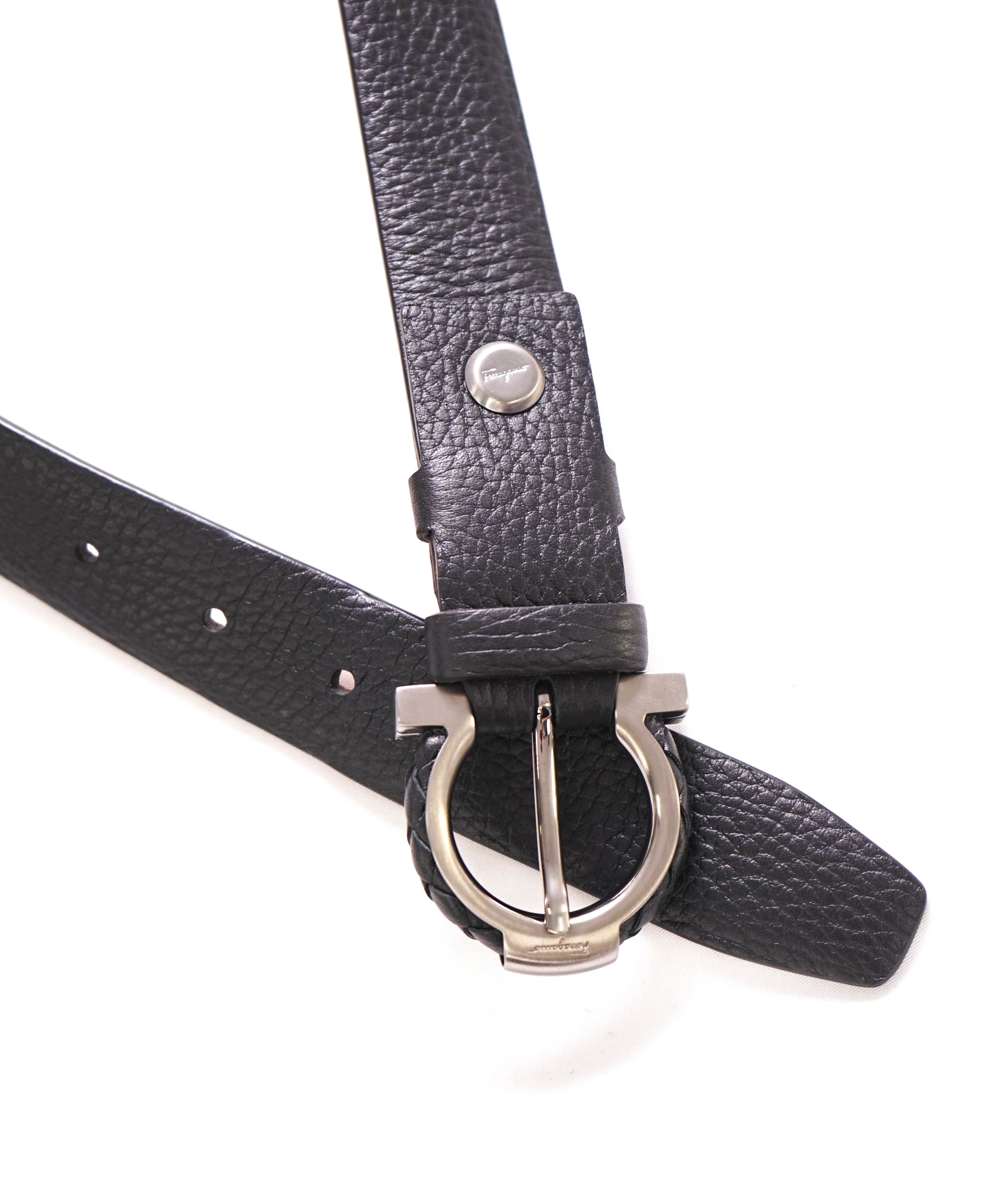 $535 SALVATORE FERRAGAMO - Black Single Gancini Braided Buckle Pebbled Leather Belt - 38W
