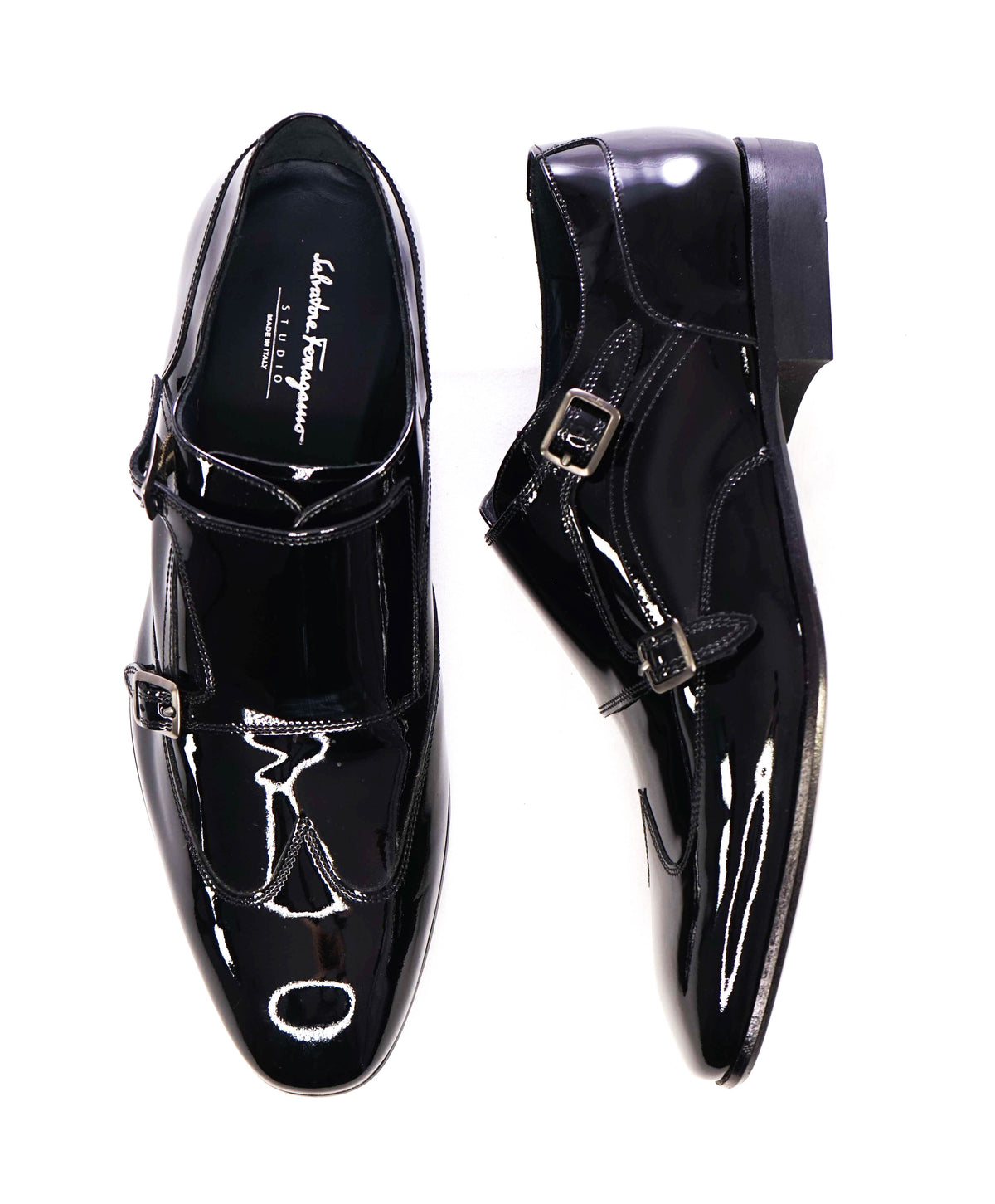 View of Salvatore Ferragamo - Black Patent Leather Monk Strap Wingtip Shoes