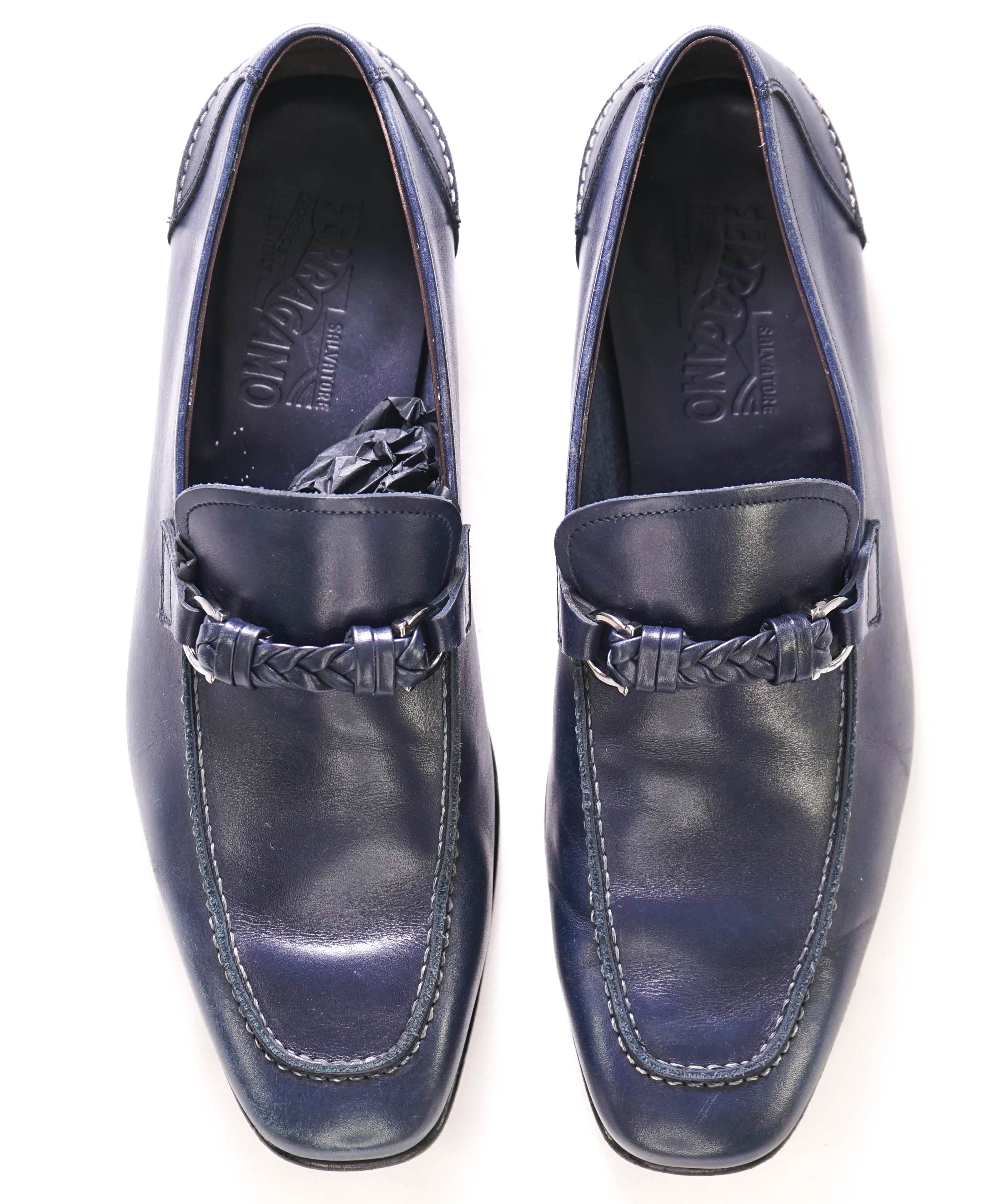 $860 SALVATORE FERRAGAMO - "Nelli" Blue Braided Gancini Bit Loafer - 8.5 US