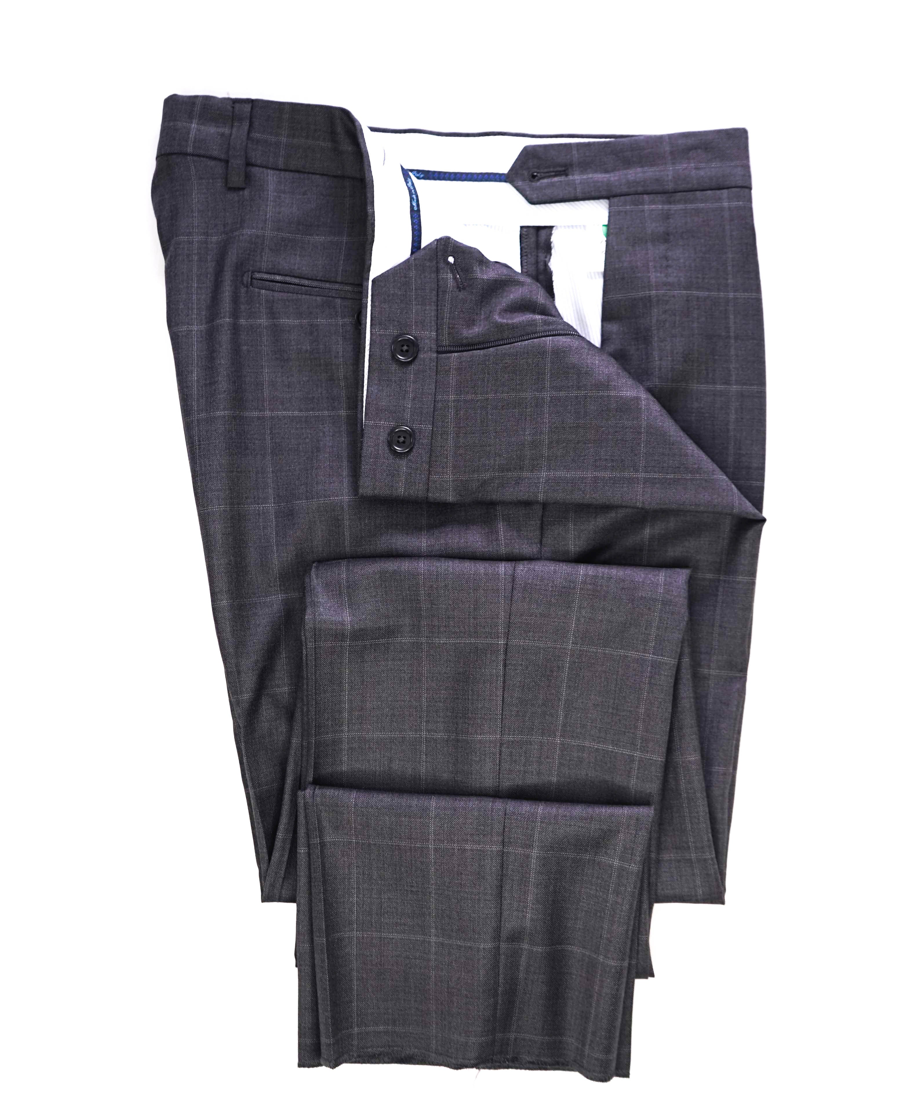 $425 SAKS FIFTH AVE -Wool Gray Check "Modern"MADE ITALY Flat Front Dress Pants- 32W