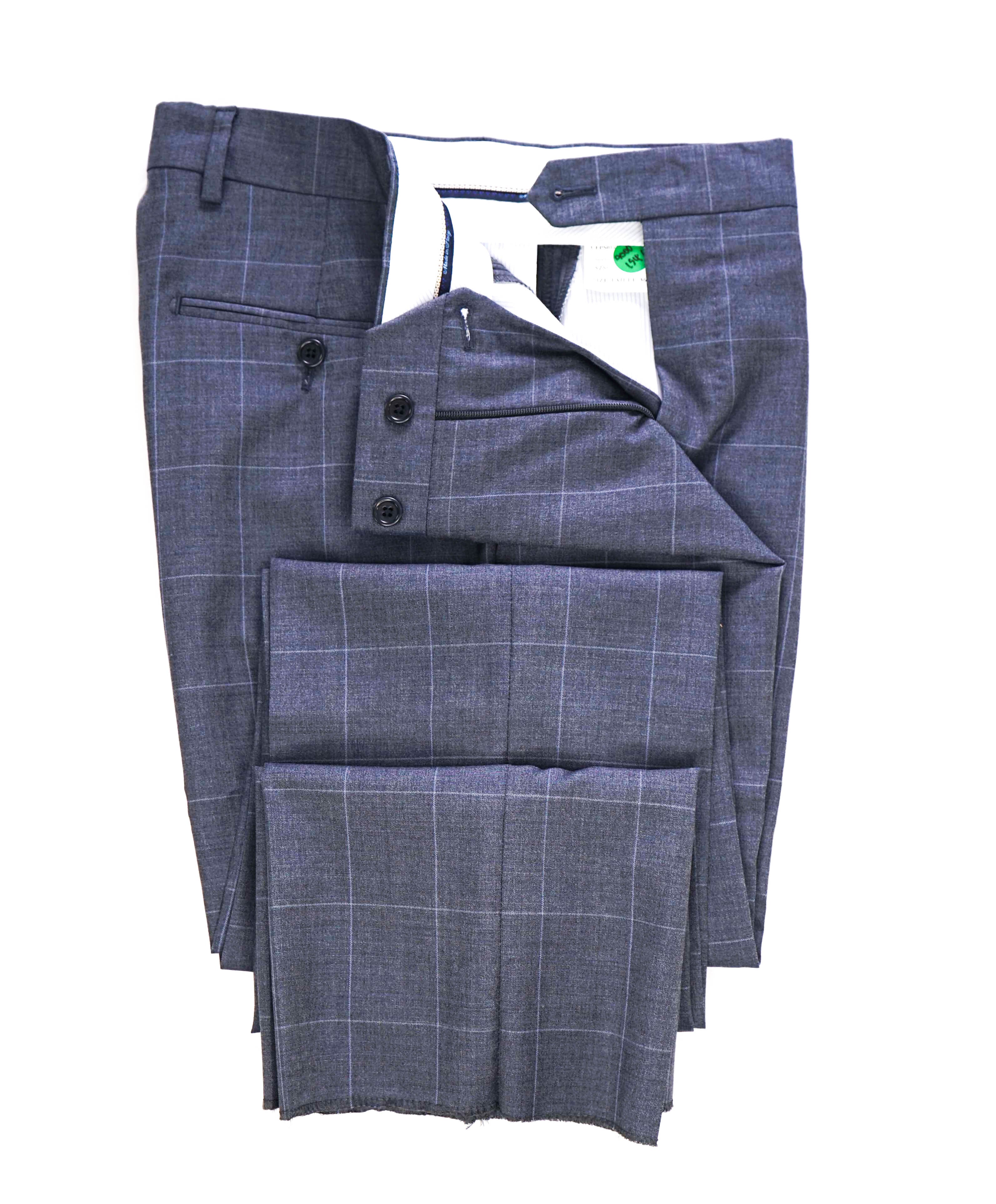 $425 SAKS FIFTH AVE -Wool Blue Check "Slim"MADE ITALY Flat Front Dress Pants- 30W
