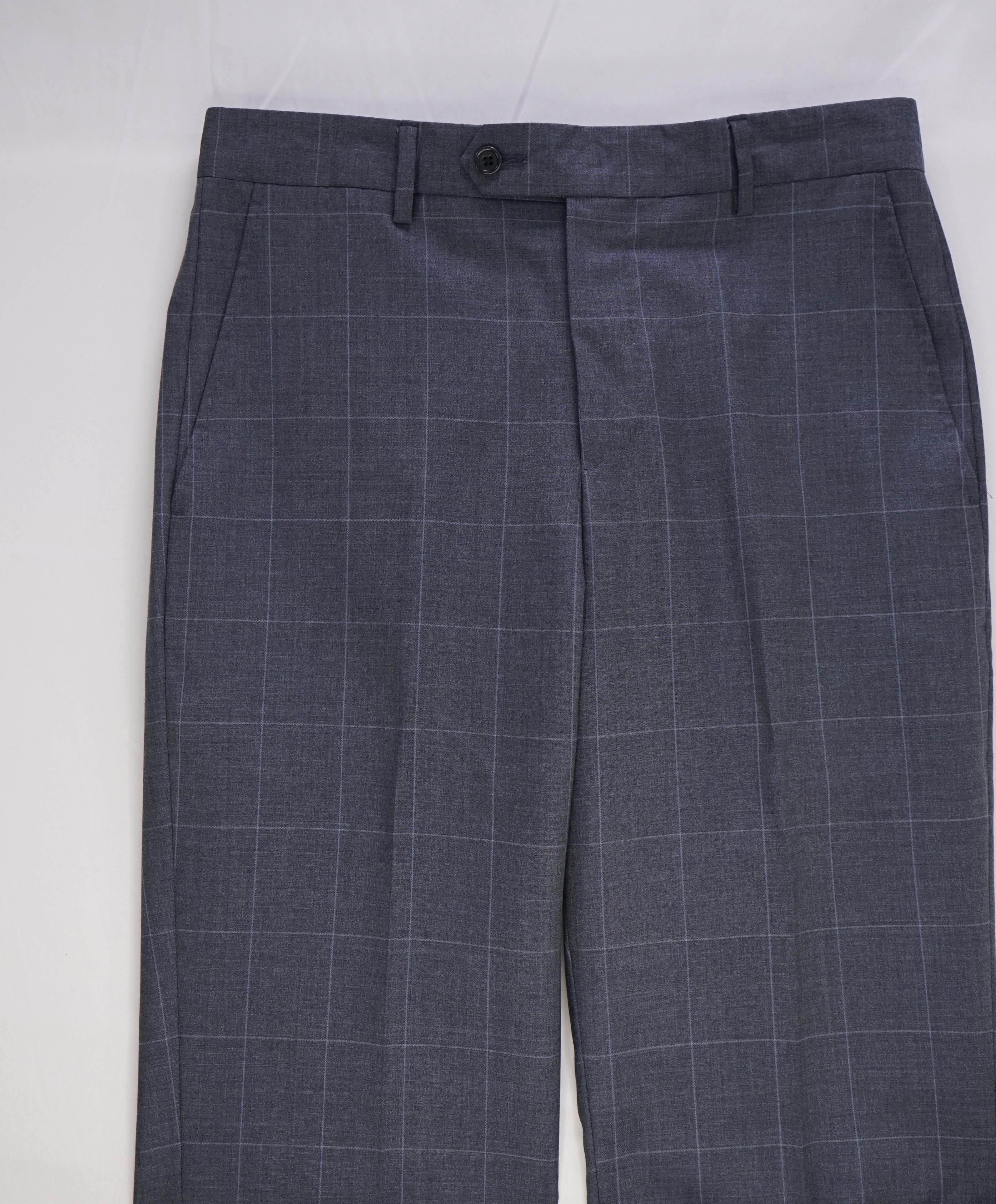 $425 SAKS FIFTH AVE -Wool Blue Check "Slim"MADE ITALY Flat Front Dress Pants- 30W