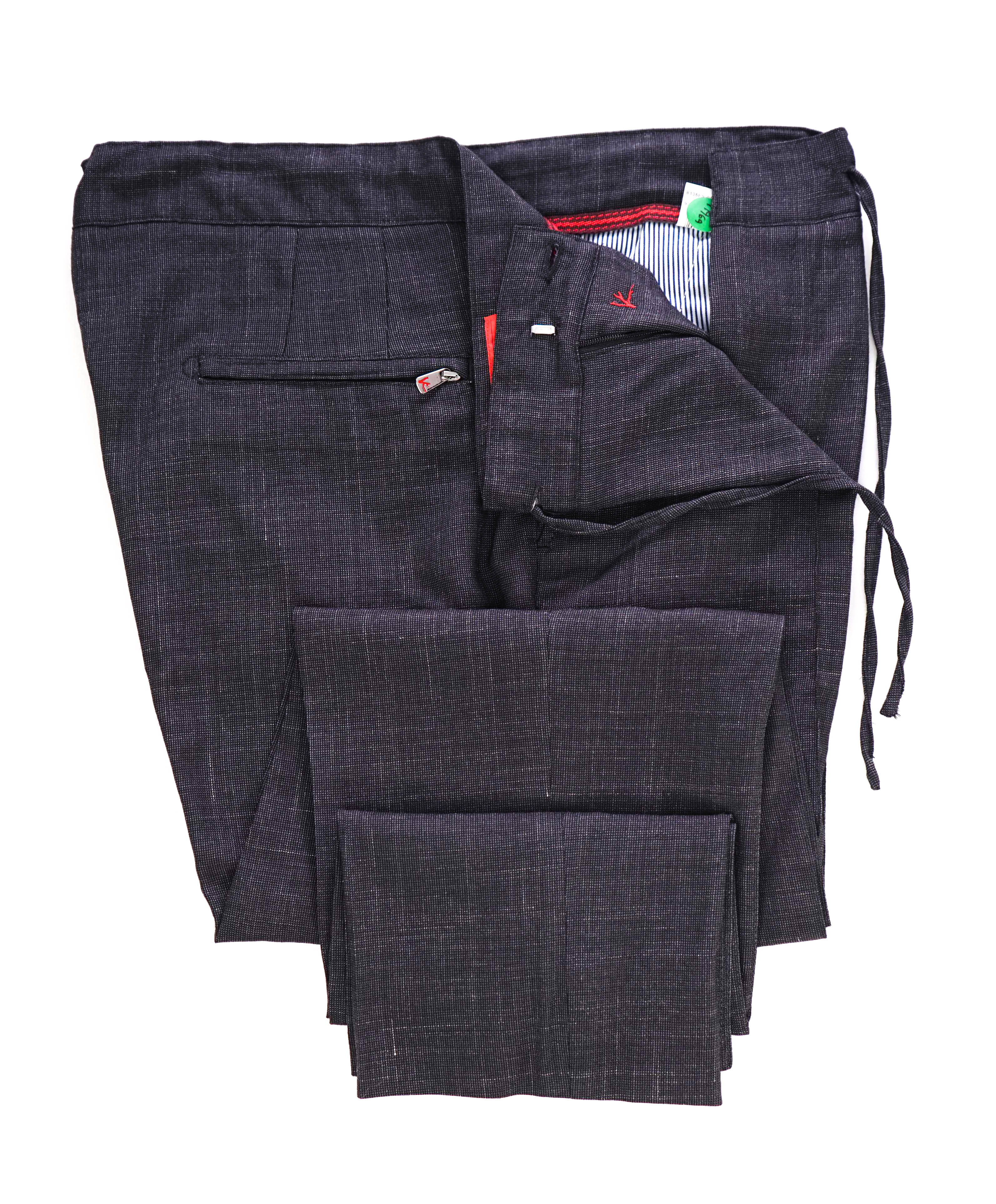 ISAIA - Gray Wool/Silk DRAWSTRING Zip Logo Dress Pants Flat Front - 34W (50EU)
