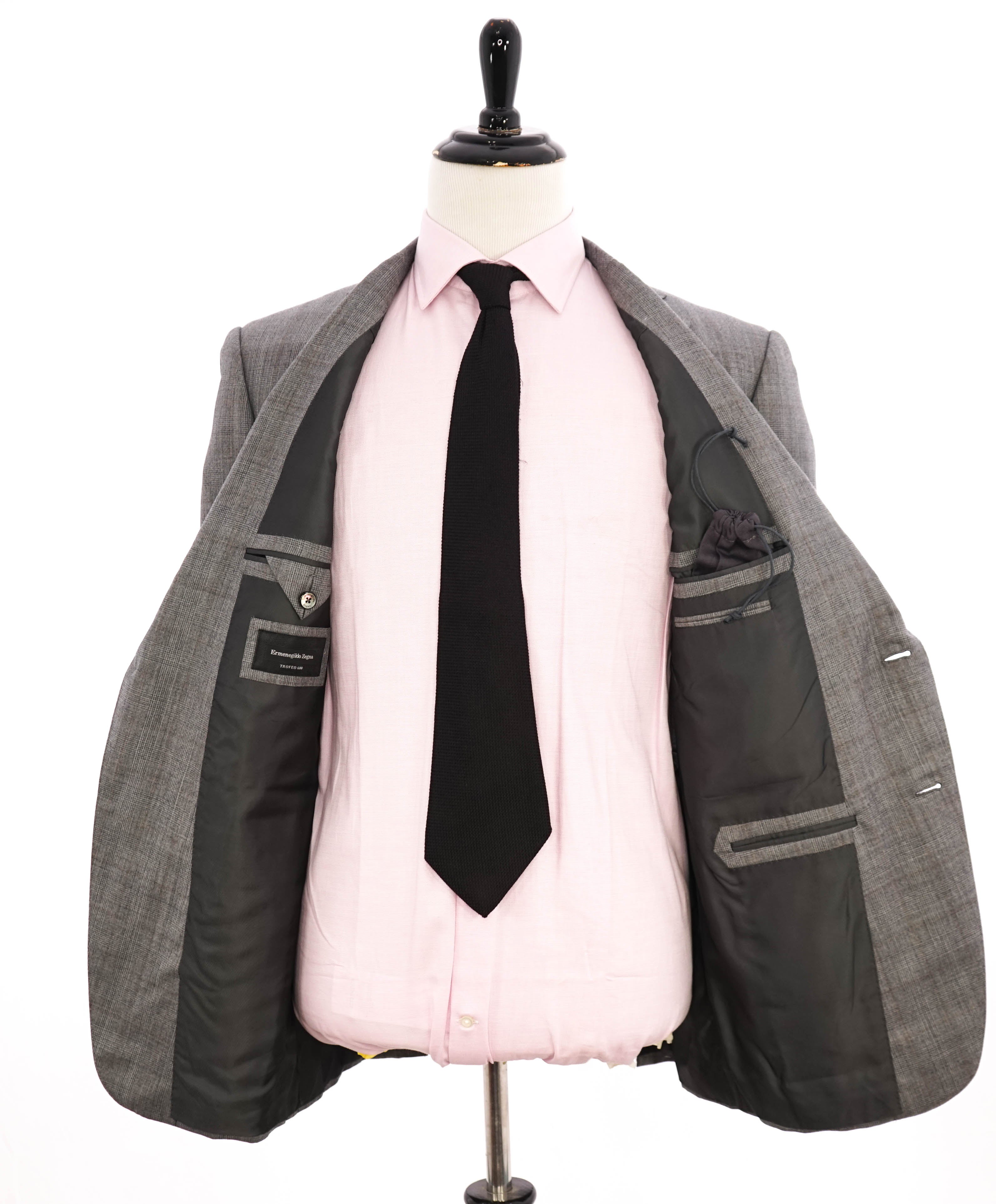 $3,950 ERMENEGILDO ZEGNA -"TROFEO 600" SILK Gray/Camel Check Suit - 46R 38W