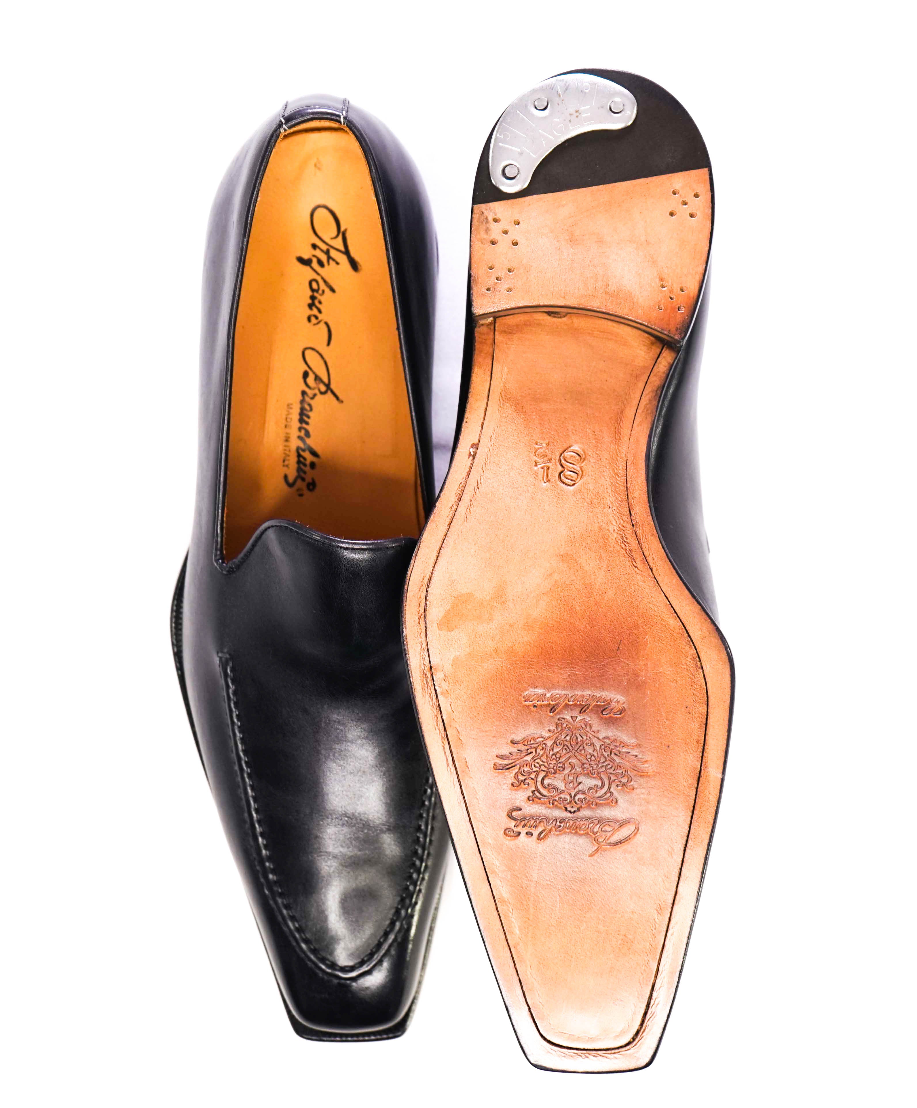 $750 STEFANO BRANCHINI - Black Chiseled Toe FRENCH TAP Sleek Loafers - 8.5 B